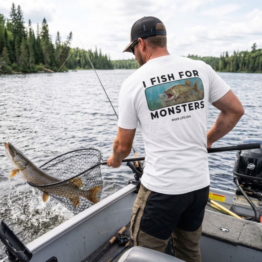 I Fish For Monsters - Pike/Musky (black print) | Short-Sleeve Unisex T-Shirt-White-River Life USA