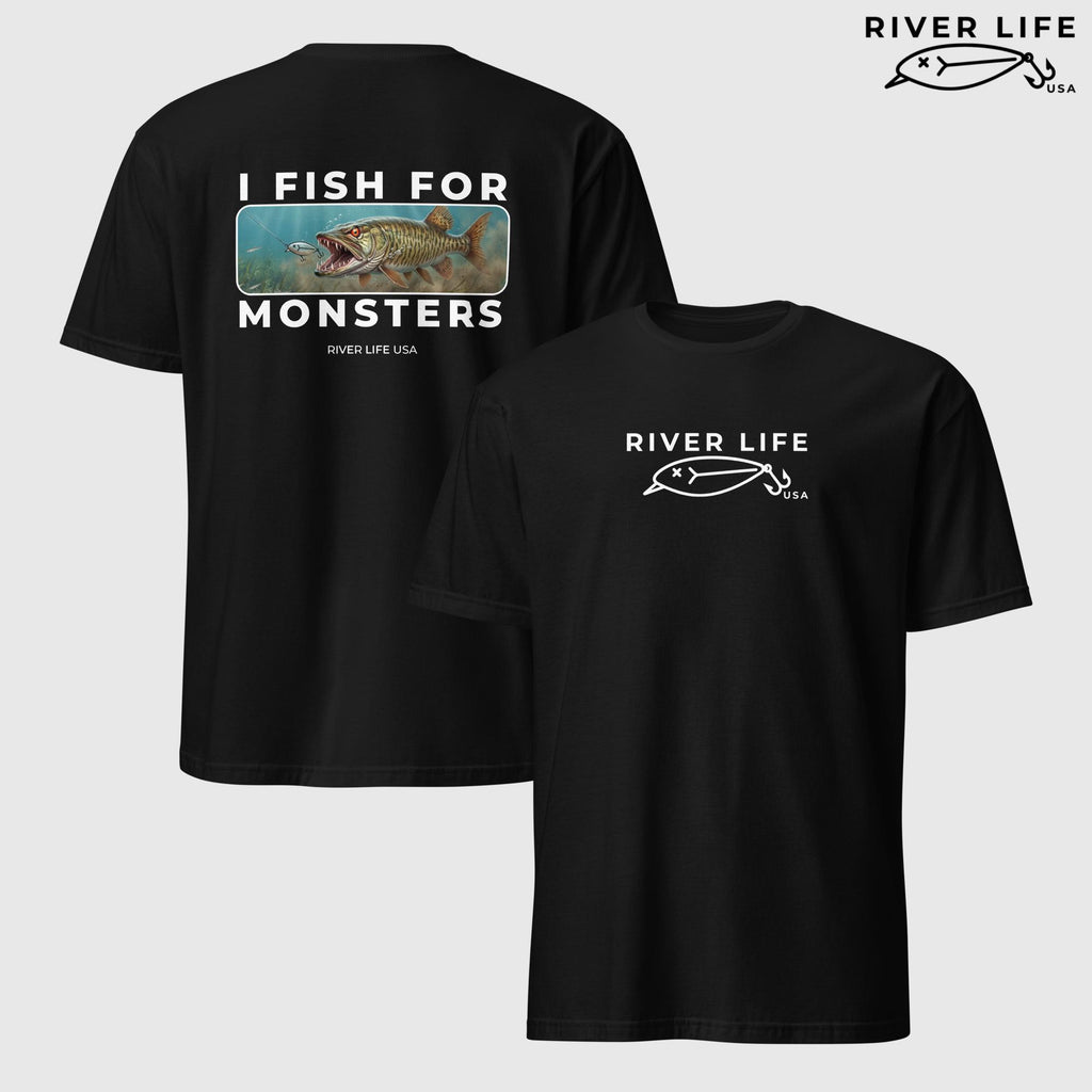 I Fish For Monsters - Pike/Musky (white print) | Short-Sleeve Unisex T-Shirt-Black-River Life USA