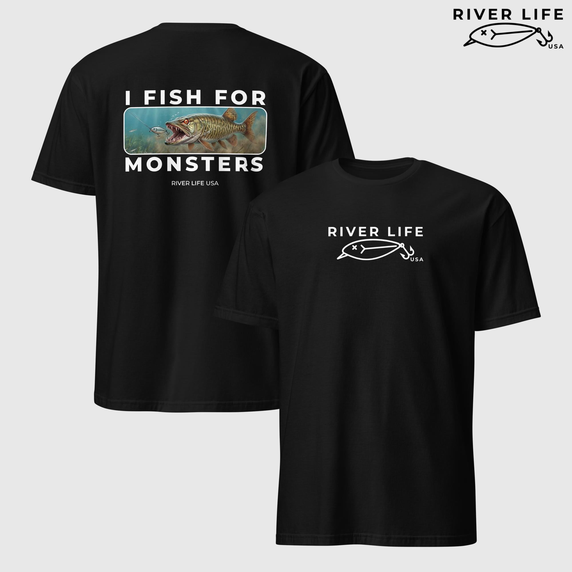 I Fish For Monsters - Pike/Musky (white print) | Short-Sleeve Unisex T-Shirt-Black-River Life USA