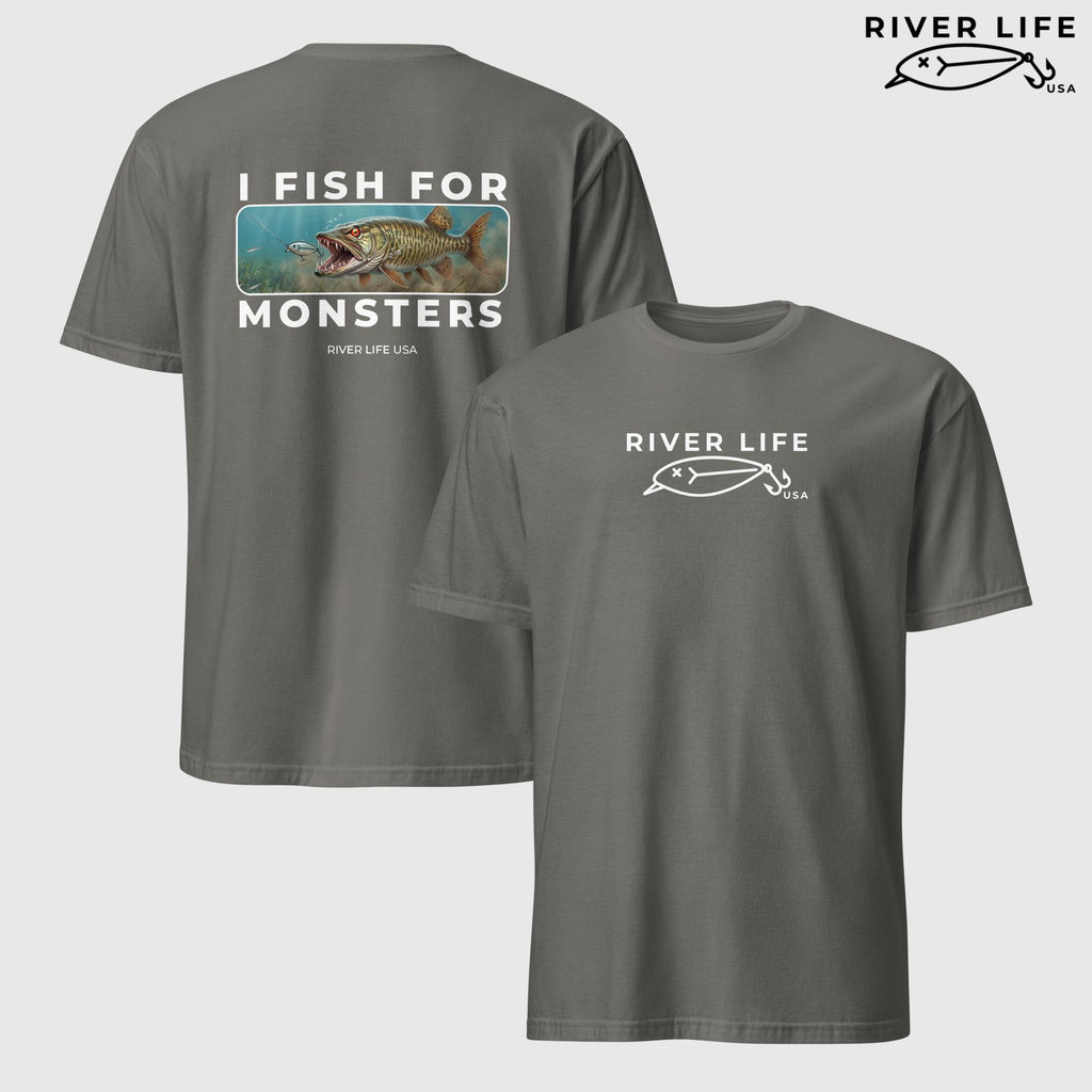 I Fish For Monsters - Pike/Musky (white print) | Short-Sleeve Unisex T-Shirt-Charcoal-River Life USA