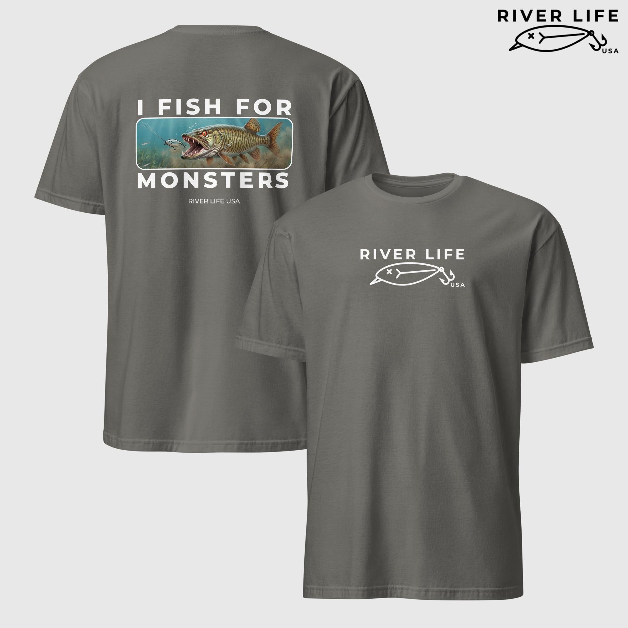 I Fish For Monsters - Pike/Musky (white print) | Short-Sleeve Unisex T-Shirt-Charcoal-River Life USA