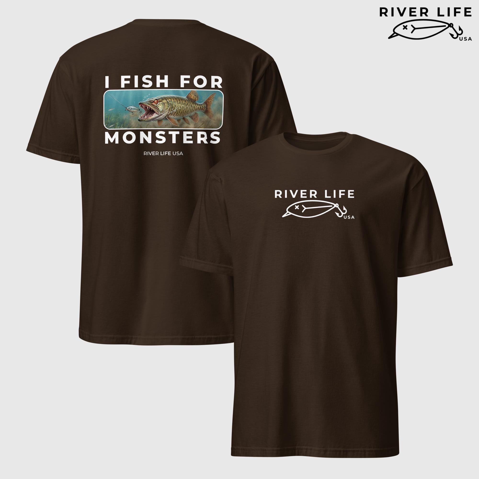 I Fish For Monsters - Pike/Musky (white print) | Short-Sleeve Unisex T-Shirt-Dark Chocolate-River Life USA