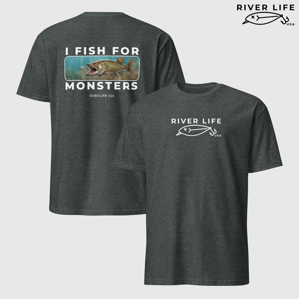 I Fish For Monsters - Pike/Musky (white print) | Short-Sleeve Unisex T-Shirt-Dark Heather-River Life USA