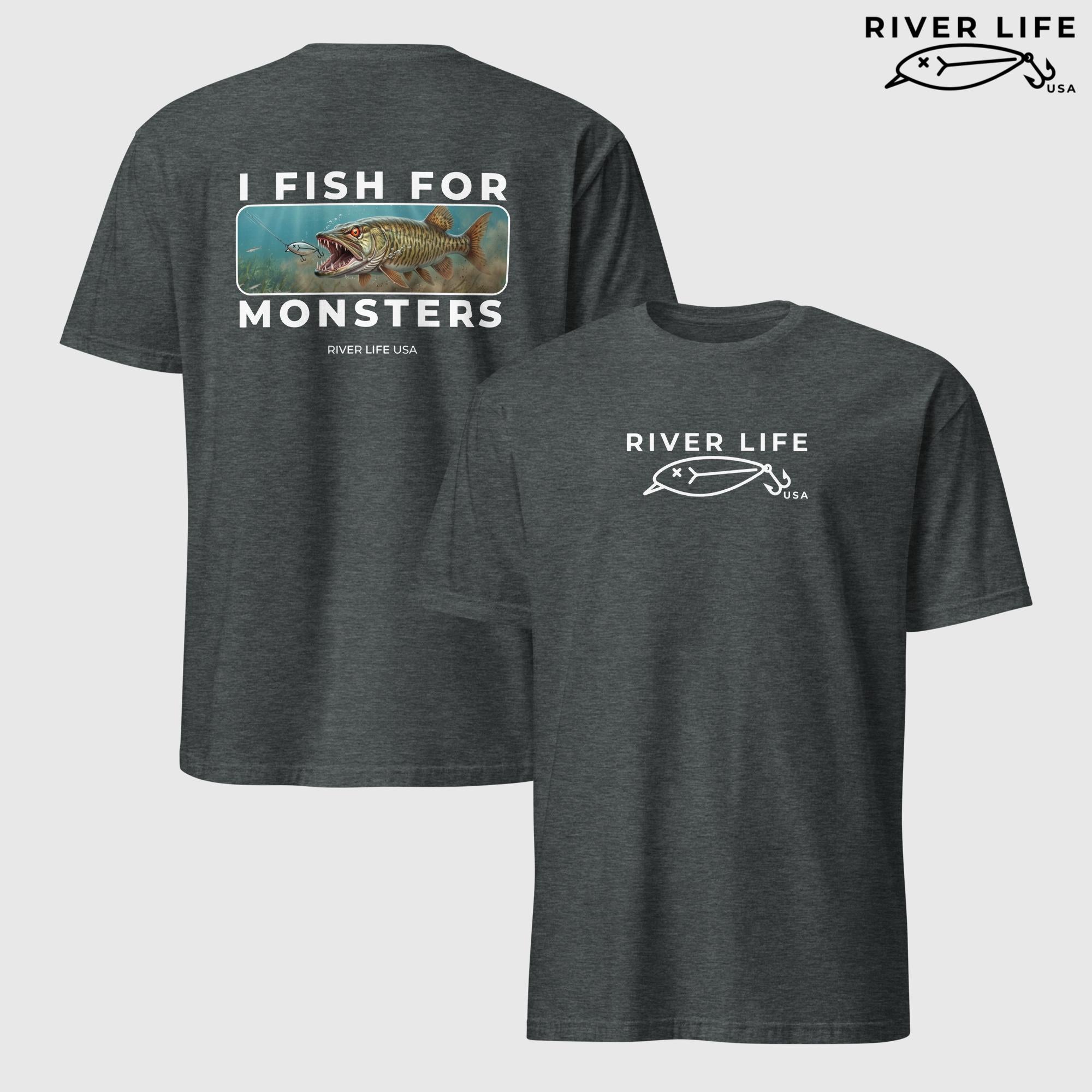 I Fish For Monsters - Pike/Musky (white print) | Short-Sleeve Unisex T-Shirt-Dark Heather-River Life USA