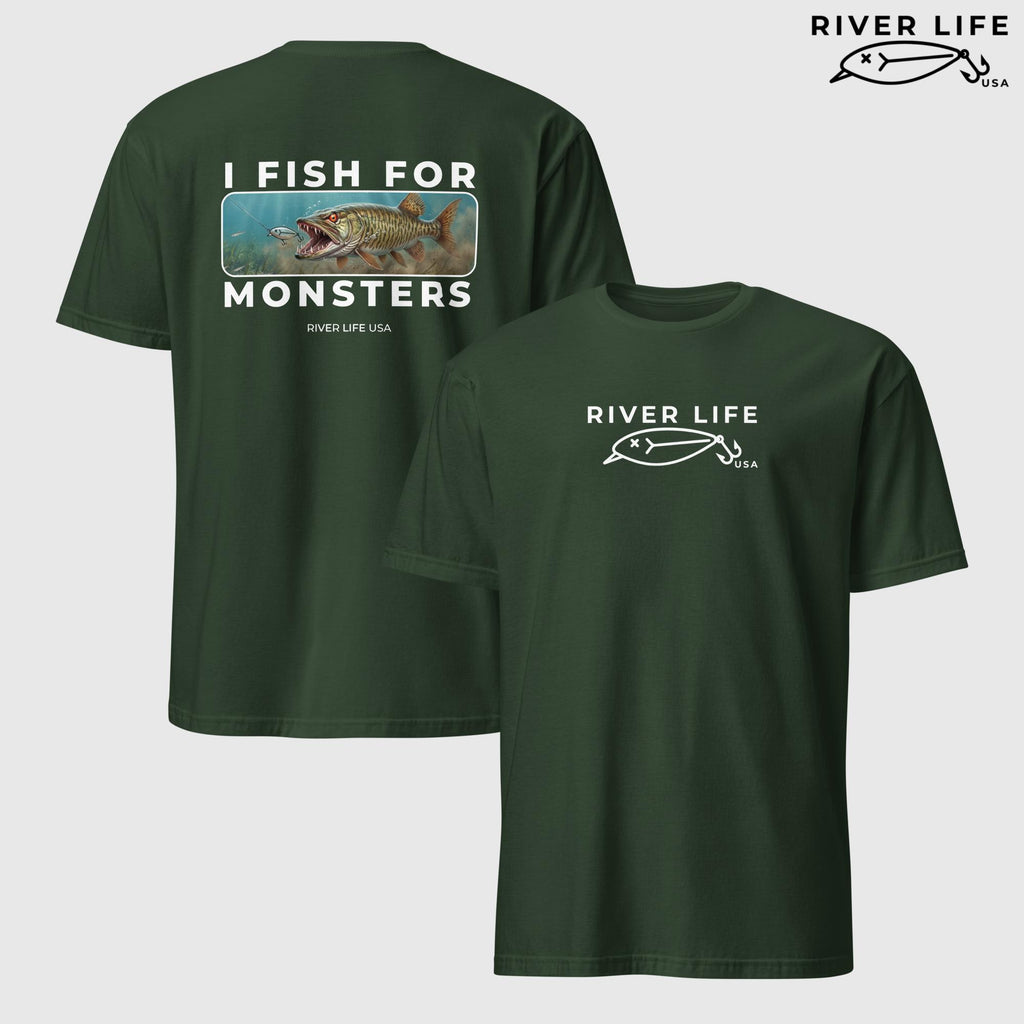 I Fish For Monsters - Pike/Musky (white print) | Short-Sleeve Unisex T-Shirt-Forest Green-River Life USA