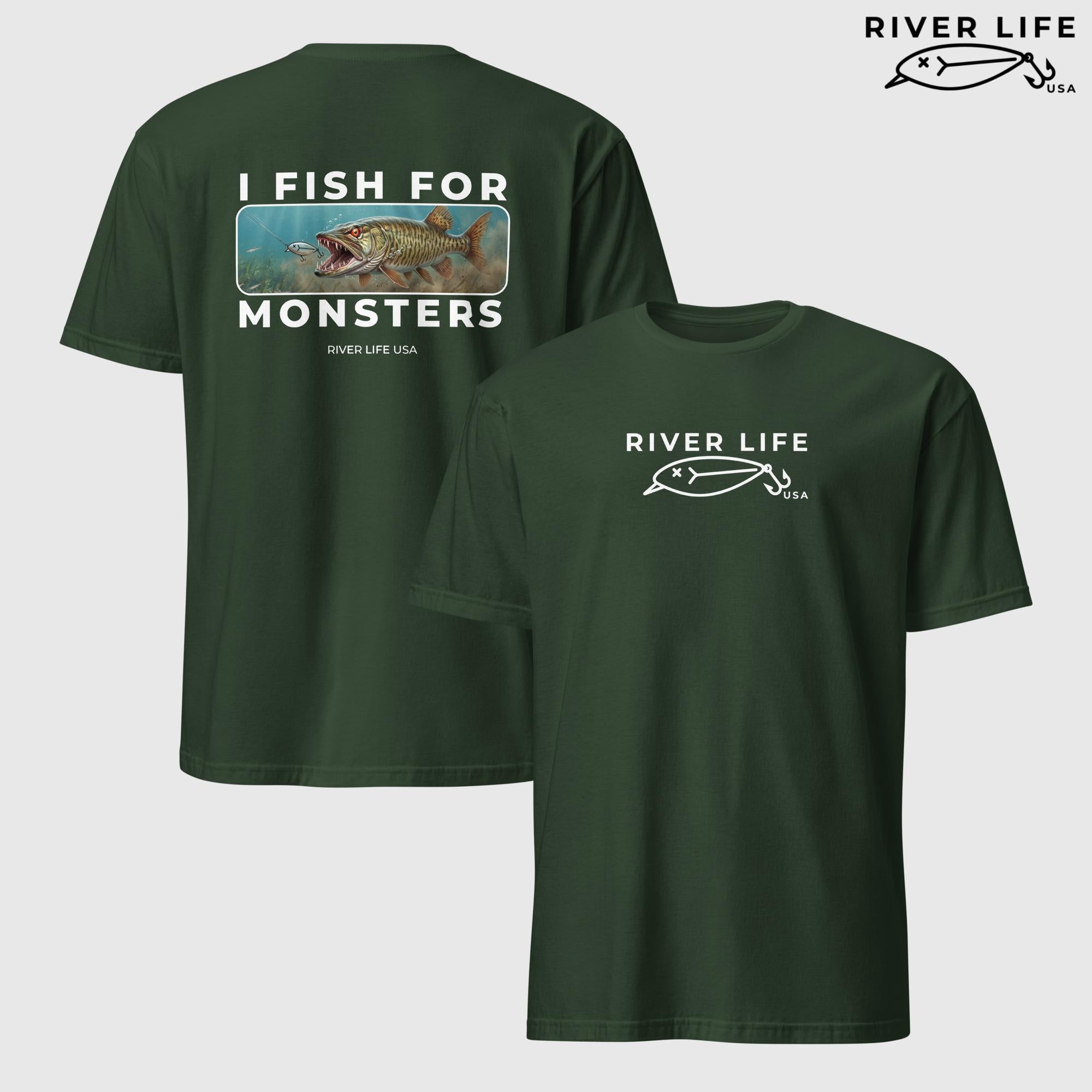 I Fish For Monsters - Pike/Musky (white print) | Short-Sleeve Unisex T-Shirt-Forest Green-River Life USA