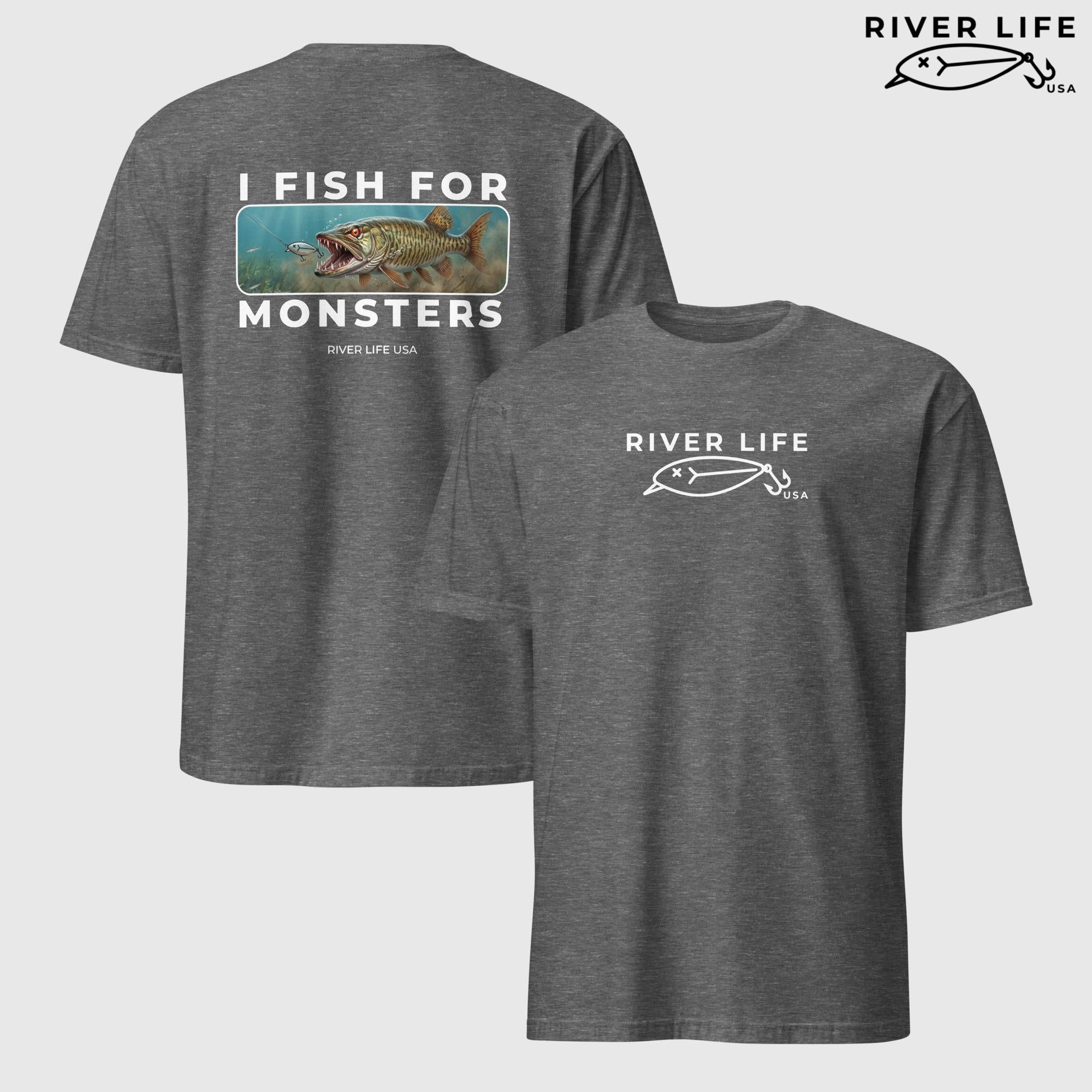 I Fish For Monsters - Pike/Musky (white print) | Short-Sleeve Unisex T-Shirt-Graphite Heather-River Life USA