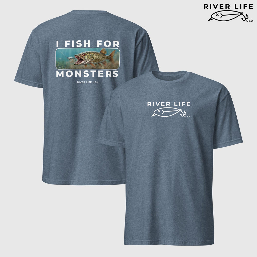 I Fish For Monsters - Pike/Musky (white print) | Short-Sleeve Unisex T-Shirt-Heather Indigo-River Life USA