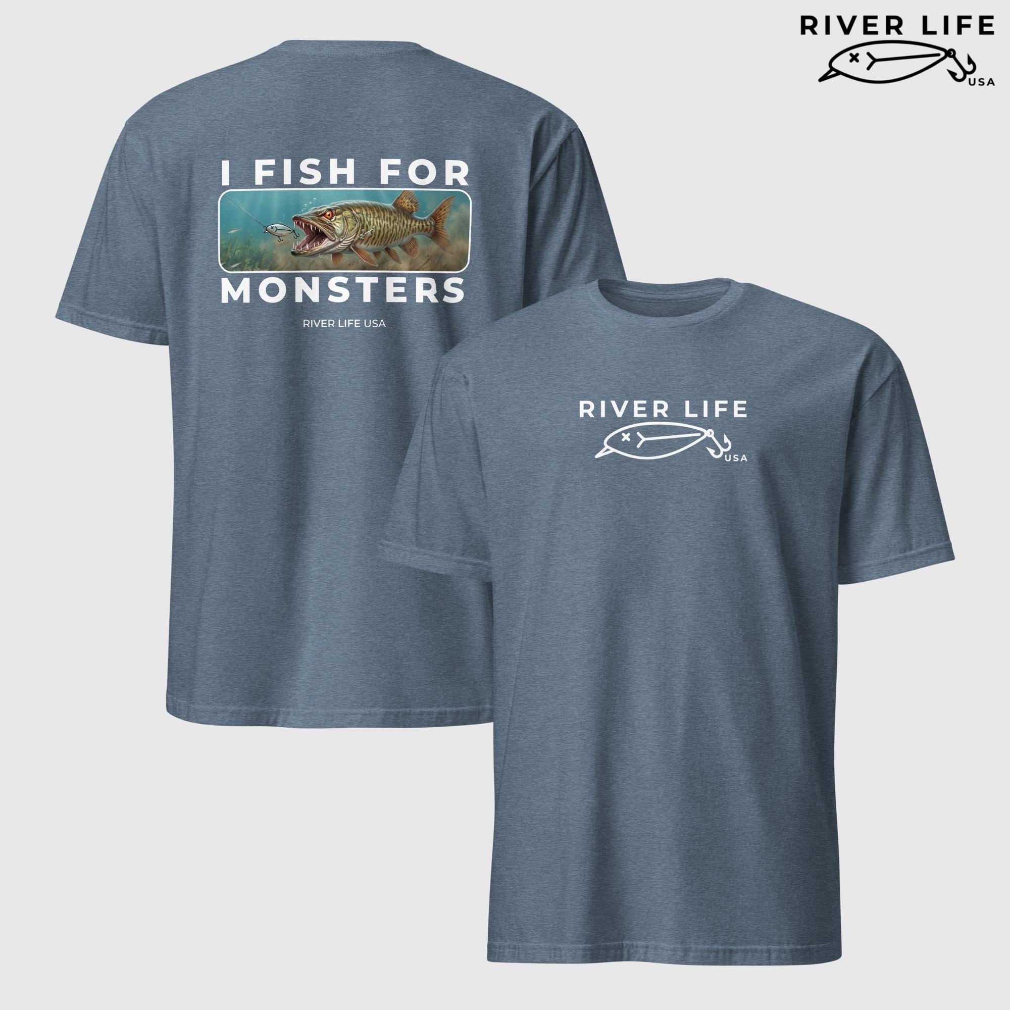 I Fish For Monsters - Pike/Musky (white print) | Short-Sleeve Unisex T-Shirt-Heather Indigo-River Life USA