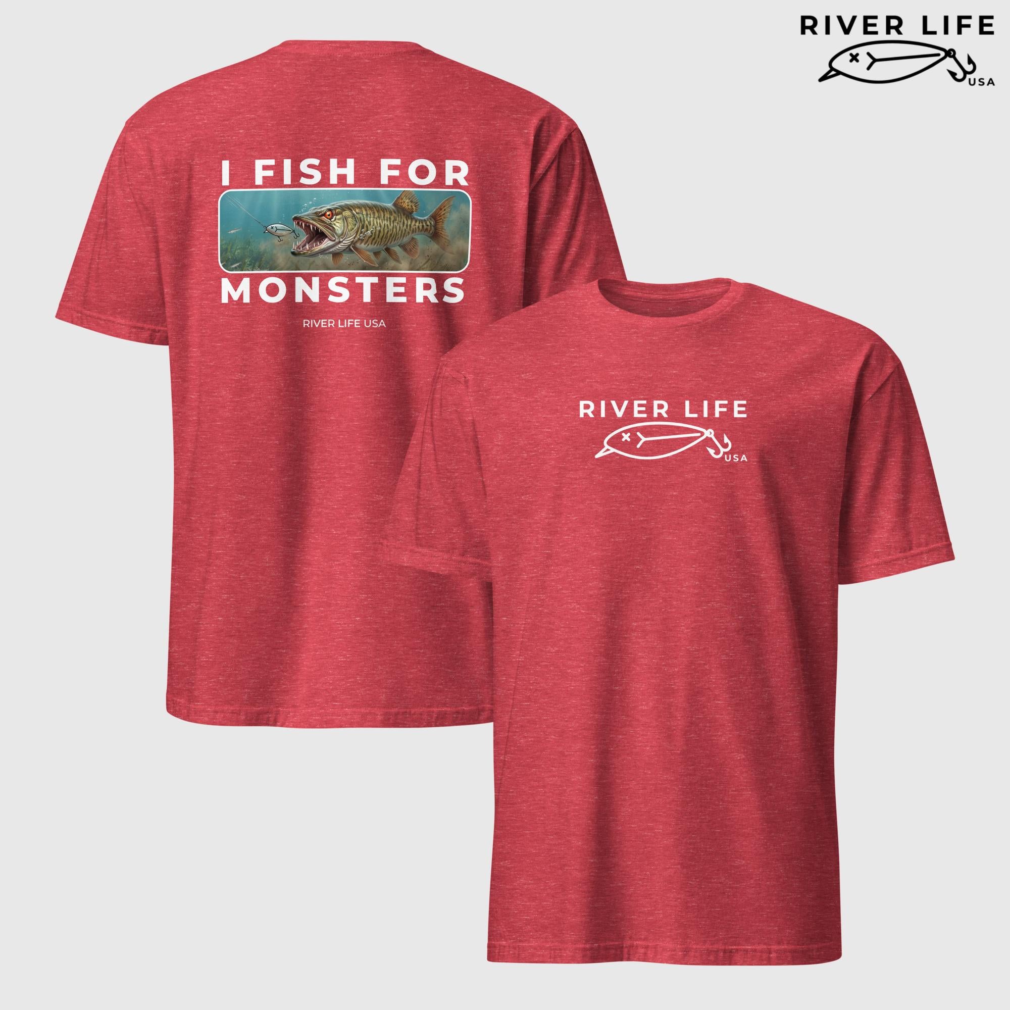I Fish For Monsters - Pike/Musky (white print) | Short-Sleeve Unisex T-Shirt-Heather Red-River Life USA