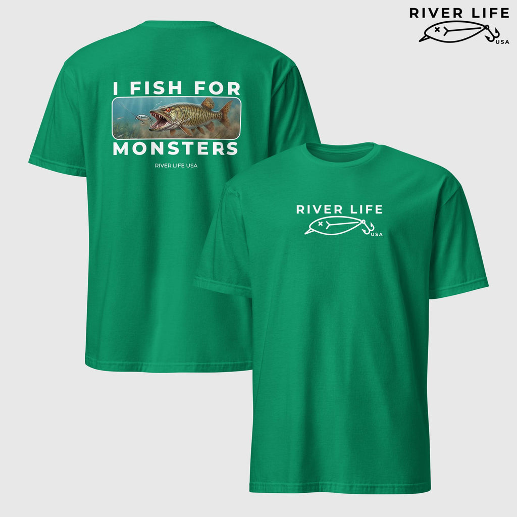 I Fish For Monsters - Pike/Musky (white print) | Short-Sleeve Unisex T-Shirt-Kelly Green-River Life USA