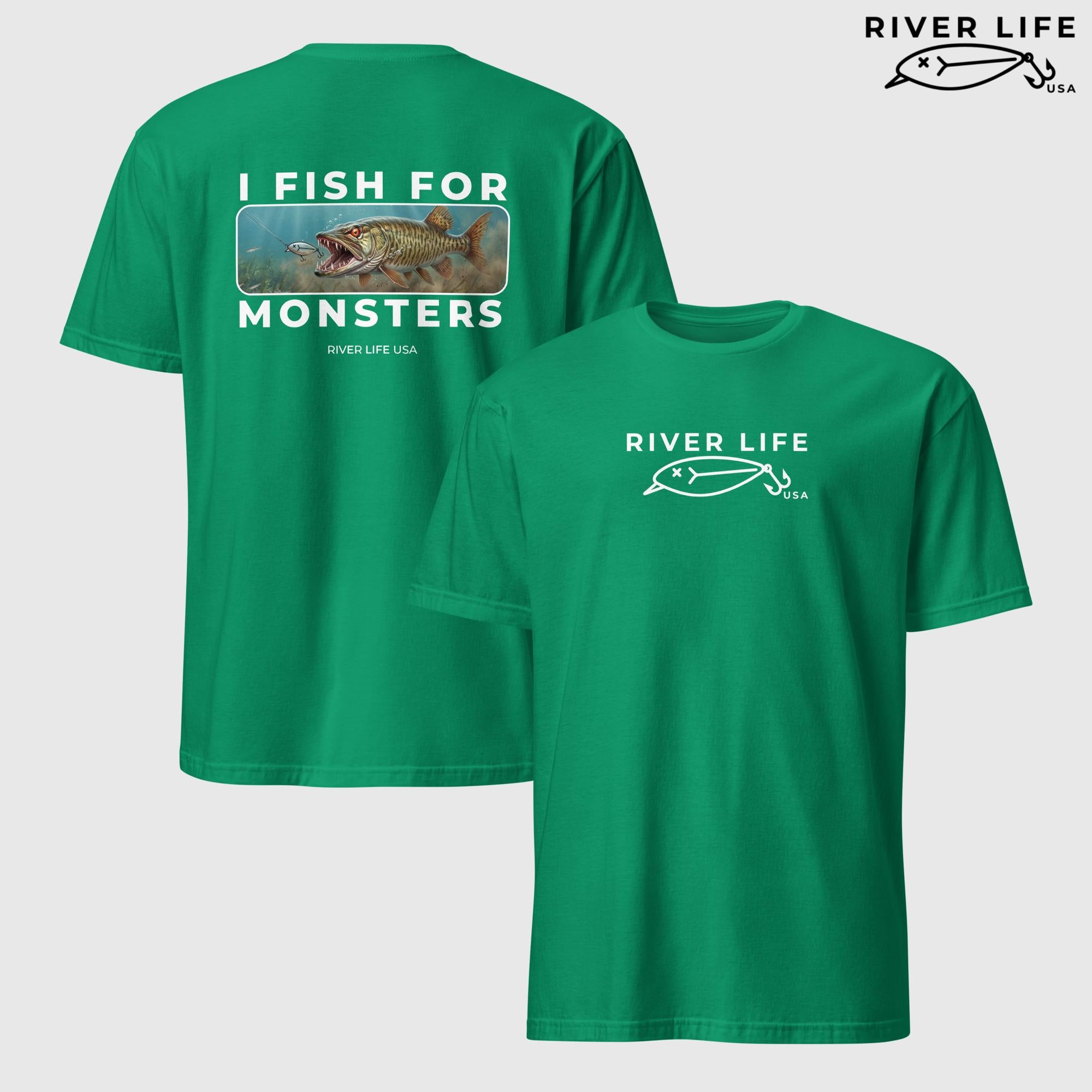 I Fish For Monsters - Pike/Musky (white print) | Short-Sleeve Unisex T-Shirt-Kelly Green-River Life USA