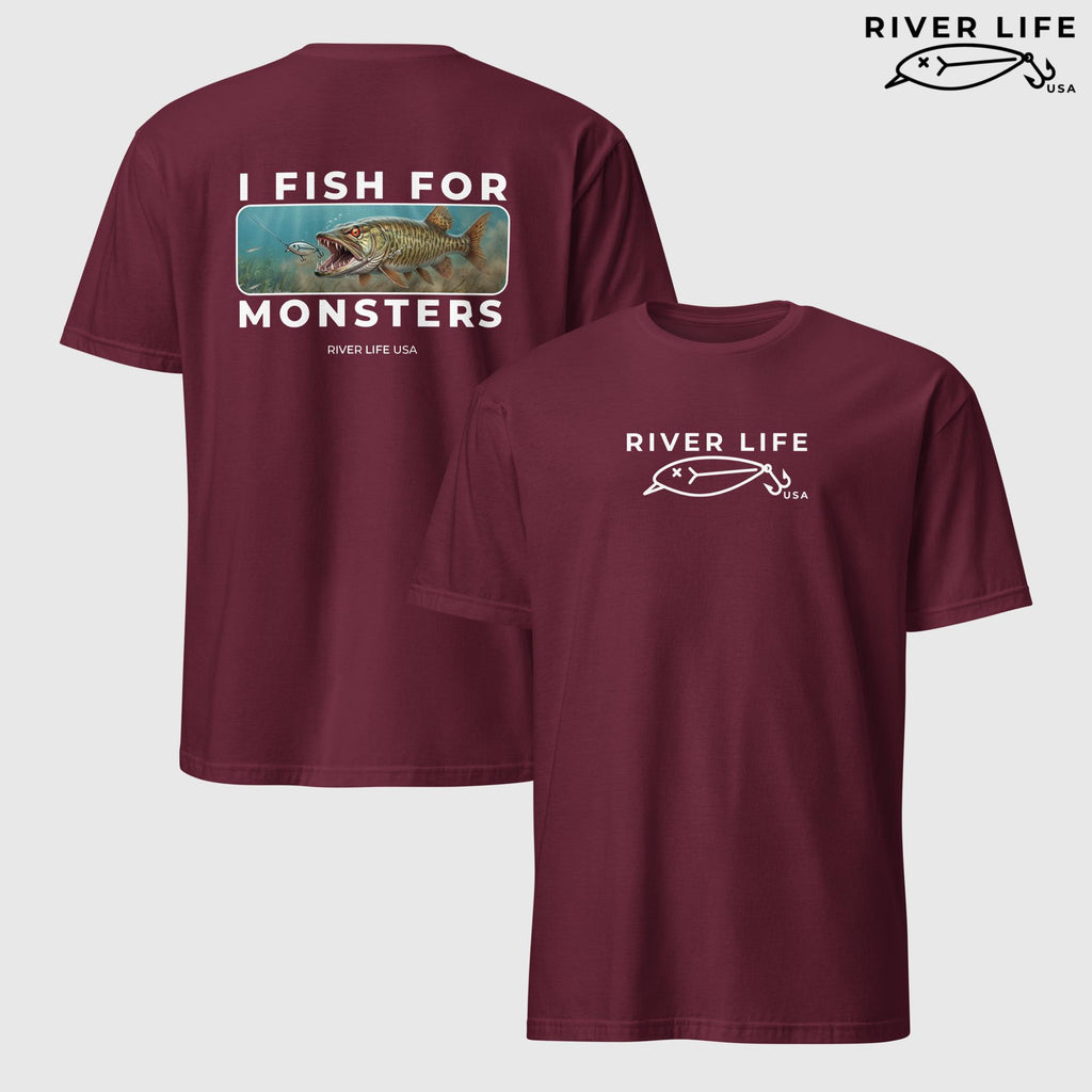 I Fish For Monsters - Pike/Musky (white print) | Short-Sleeve Unisex T-Shirt-Maroon-River Life USA