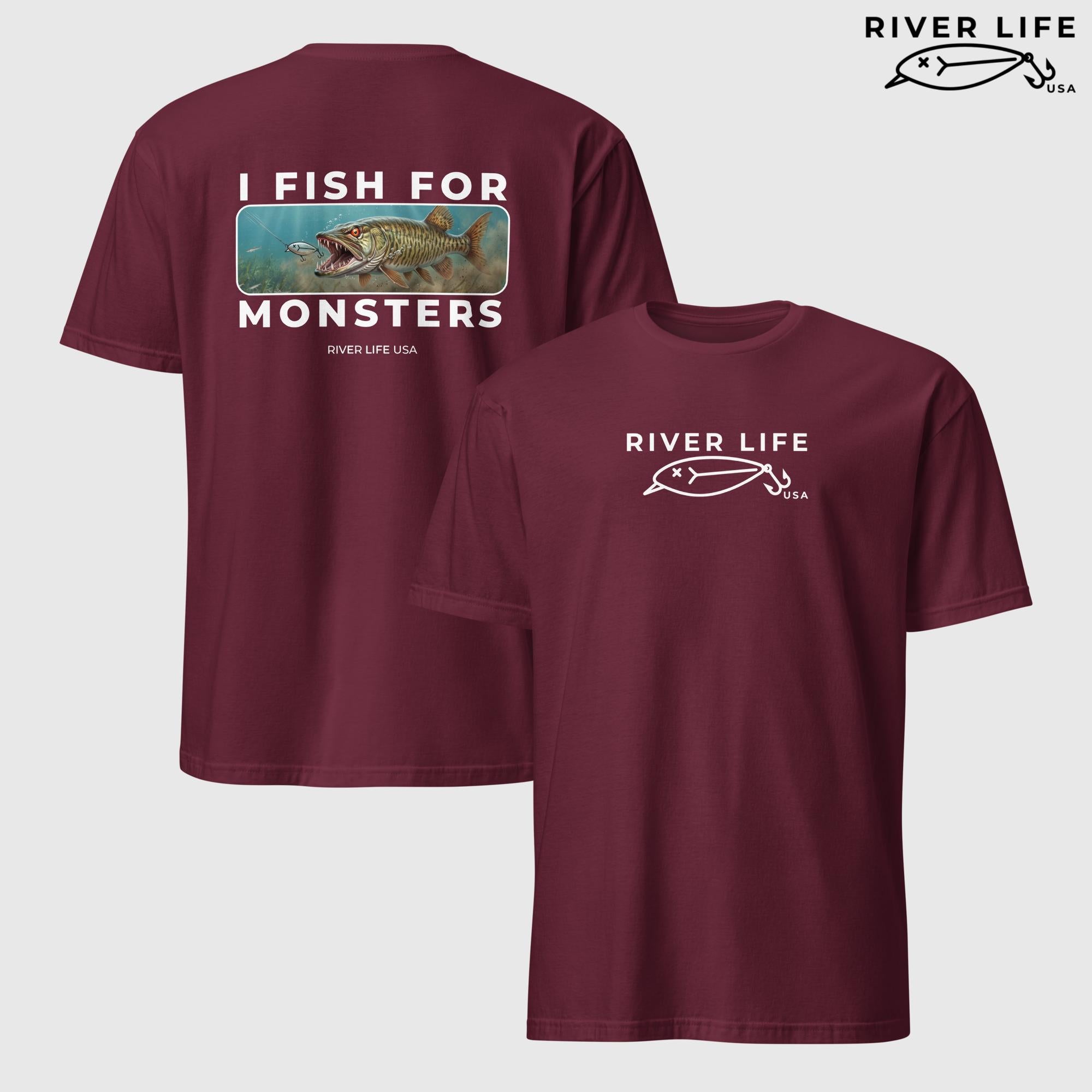I Fish For Monsters - Pike/Musky (white print) | Short-Sleeve Unisex T-Shirt-Maroon-River Life USA