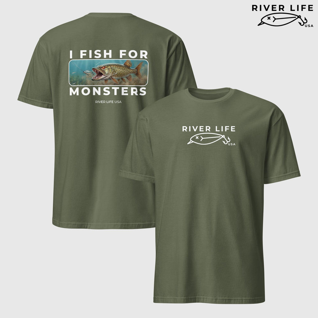I Fish For Monsters - Pike/Musky (white print) | Short-Sleeve Unisex T-Shirt-Military Green-River Life USA