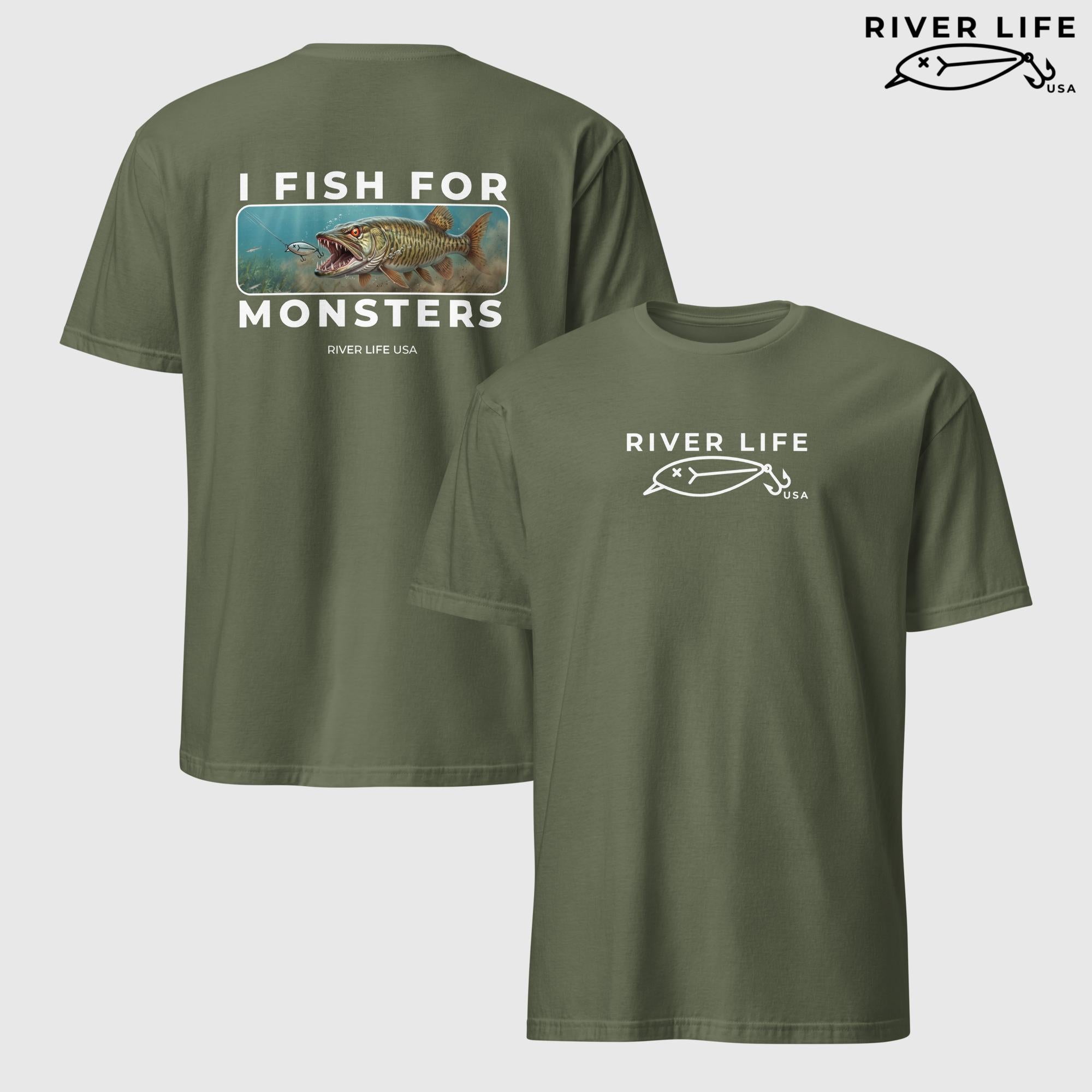 I Fish For Monsters - Pike/Musky (white print) | Short-Sleeve Unisex T-Shirt-Military Green-River Life USA
