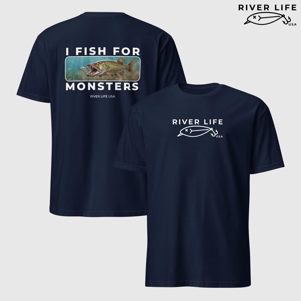 I Fish For Monsters - Pike/Musky (white print) | Short-Sleeve Unisex T-Shirt-Navy-River Life USA
