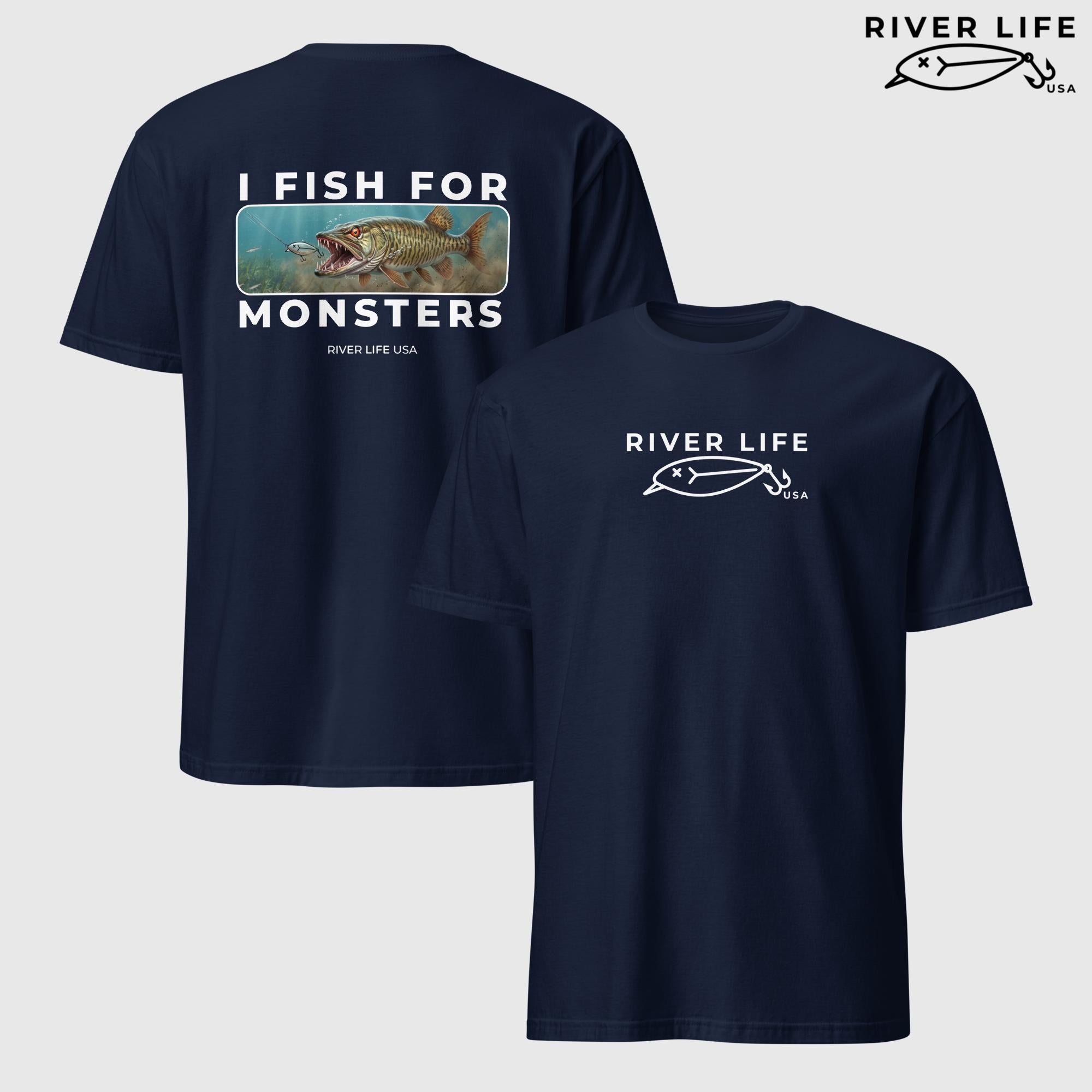 I Fish For Monsters - Pike/Musky (white print) | Short-Sleeve Unisex T-Shirt-Navy-River Life USA