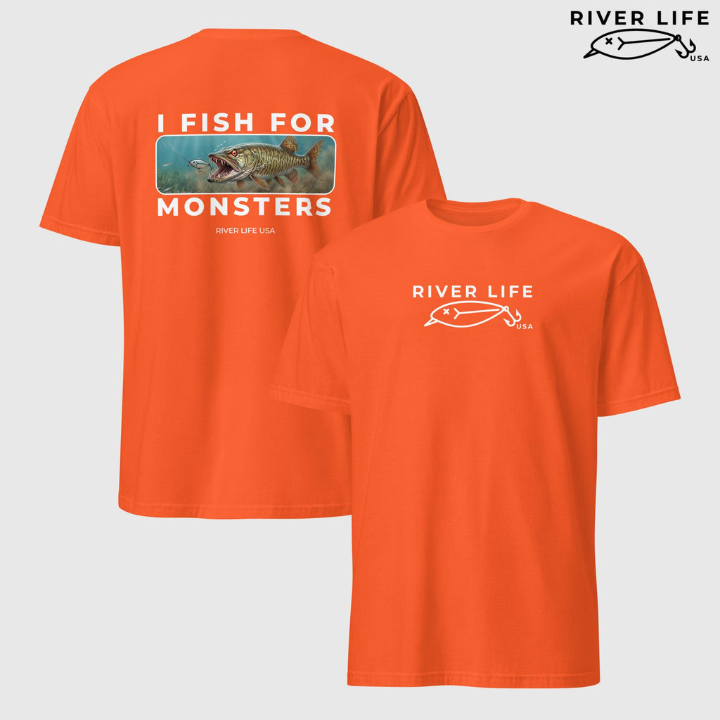 I Fish For Monsters - Pike/Musky (white print) | Short-Sleeve Unisex T-Shirt-Orange-River Life USA