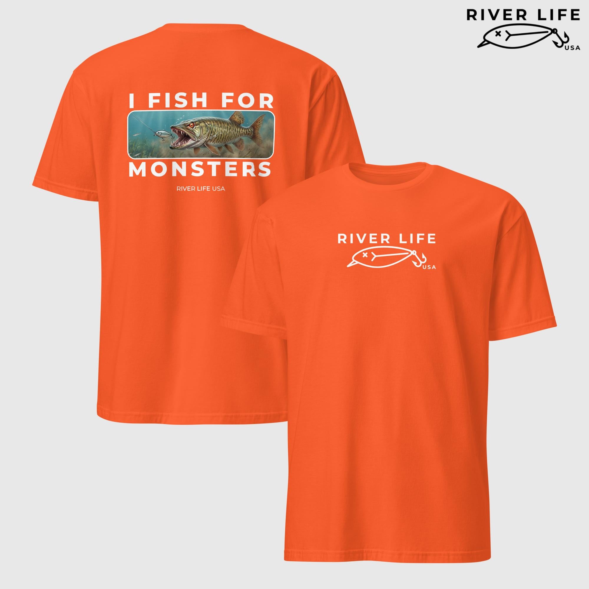 I Fish For Monsters - Pike/Musky (white print) | Short-Sleeve Unisex T-Shirt-Orange-River Life USA