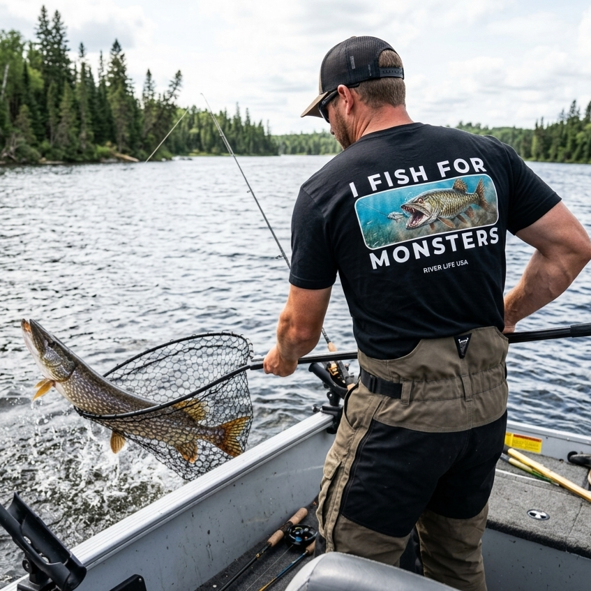 I Fish For Monsters - Pike/Musky (white print) | Short-Sleeve Unisex T-Shirt-Black-River Life USA
