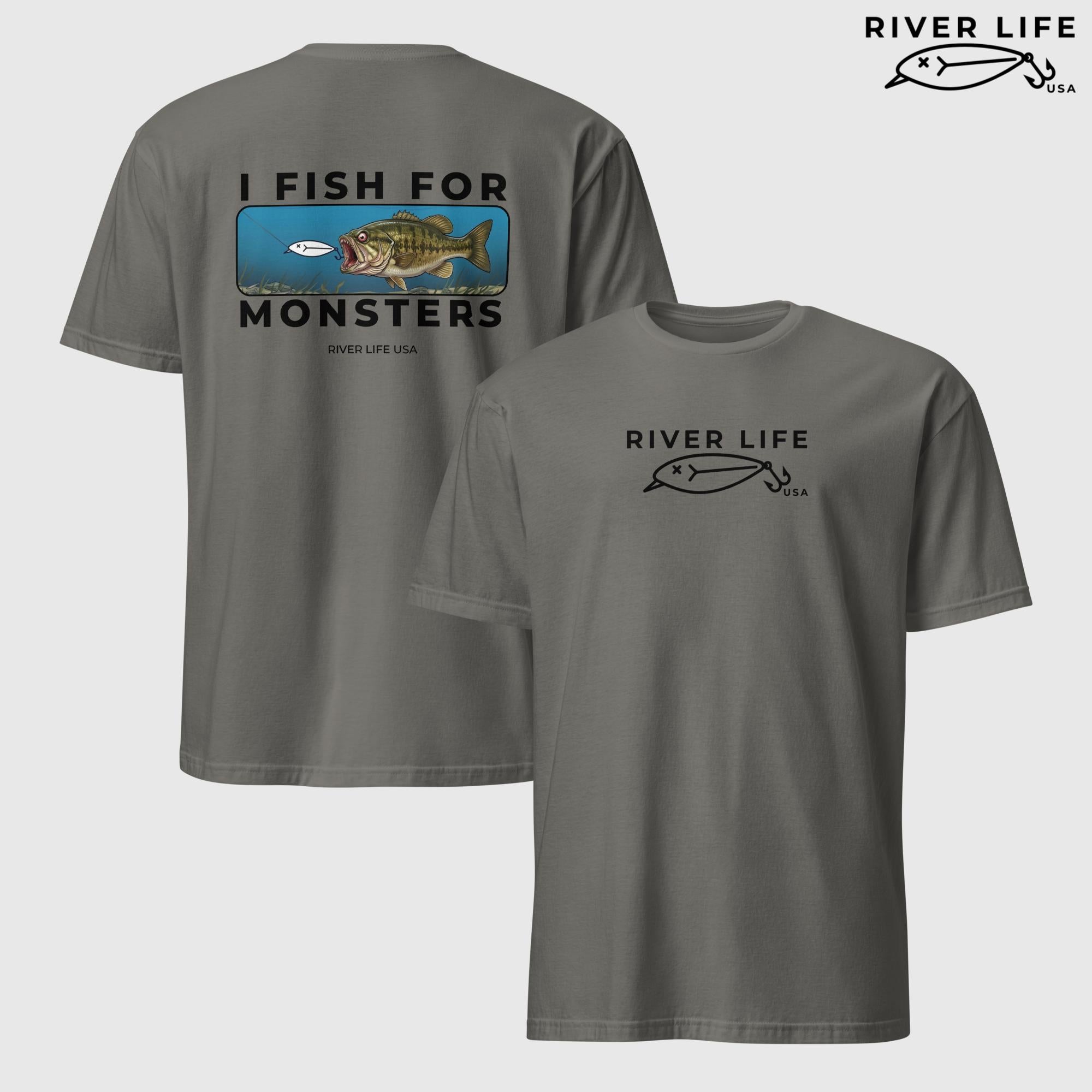 I Fish For Monsters - Smallmouth Bass (black print) | Short-Sleeve Unisex T-Shirt-Charcoal-River Life USA