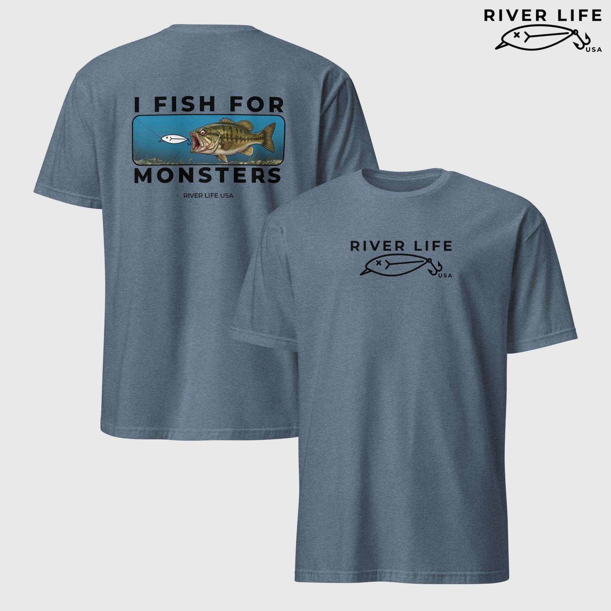 I Fish For Monsters - Smallmouth Bass (black print) | Short-Sleeve Unisex T-Shirt-Heather Indigo-River Life USA