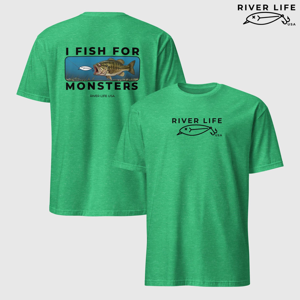 I Fish For Monsters - Smallmouth Bass (black print) | Short-Sleeve Unisex T-Shirt-Heather Irish Green-River Life USA