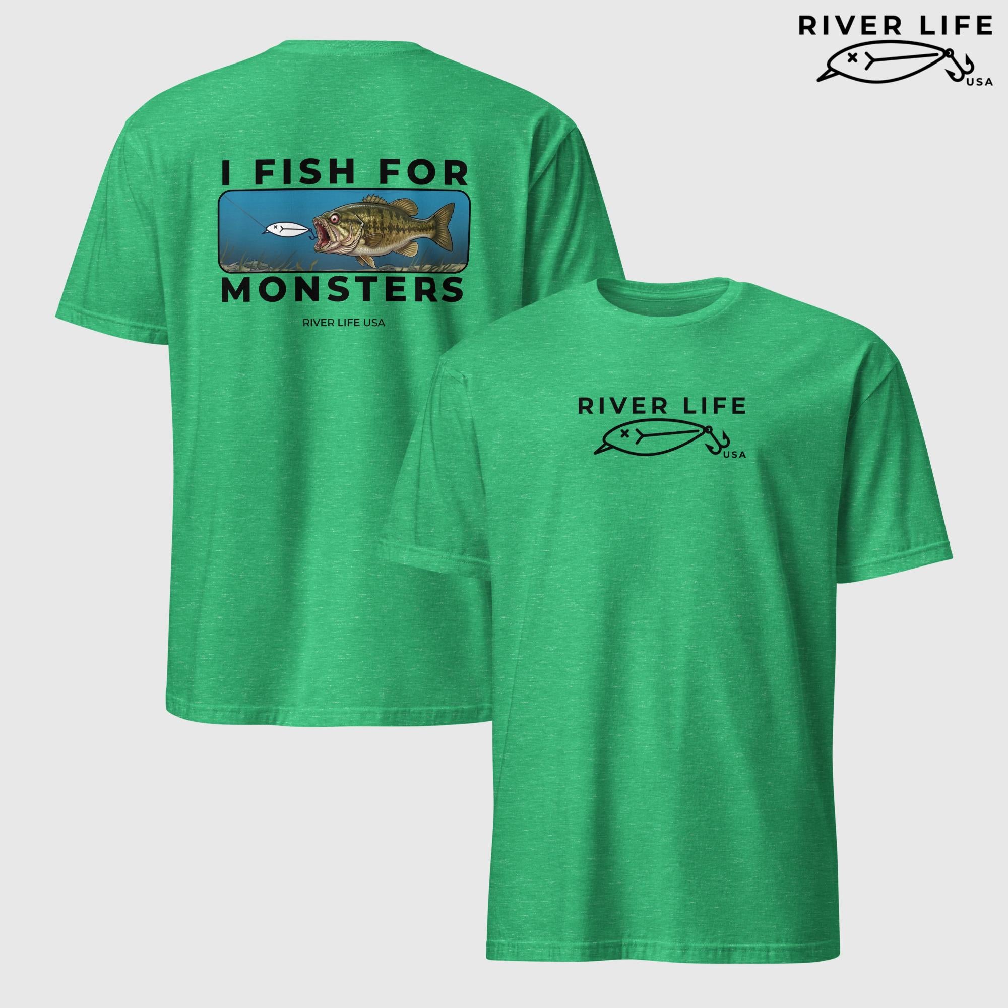 I Fish For Monsters - Smallmouth Bass (black print) | Short-Sleeve Unisex T-Shirt-Heather Irish Green-River Life USA