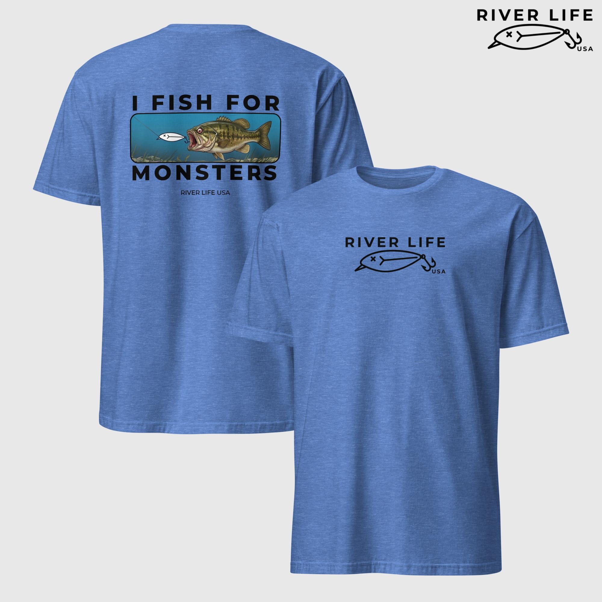 I Fish For Monsters - Smallmouth Bass (black print) | Short-Sleeve Unisex T-Shirt-Heather Royal-River Life USA