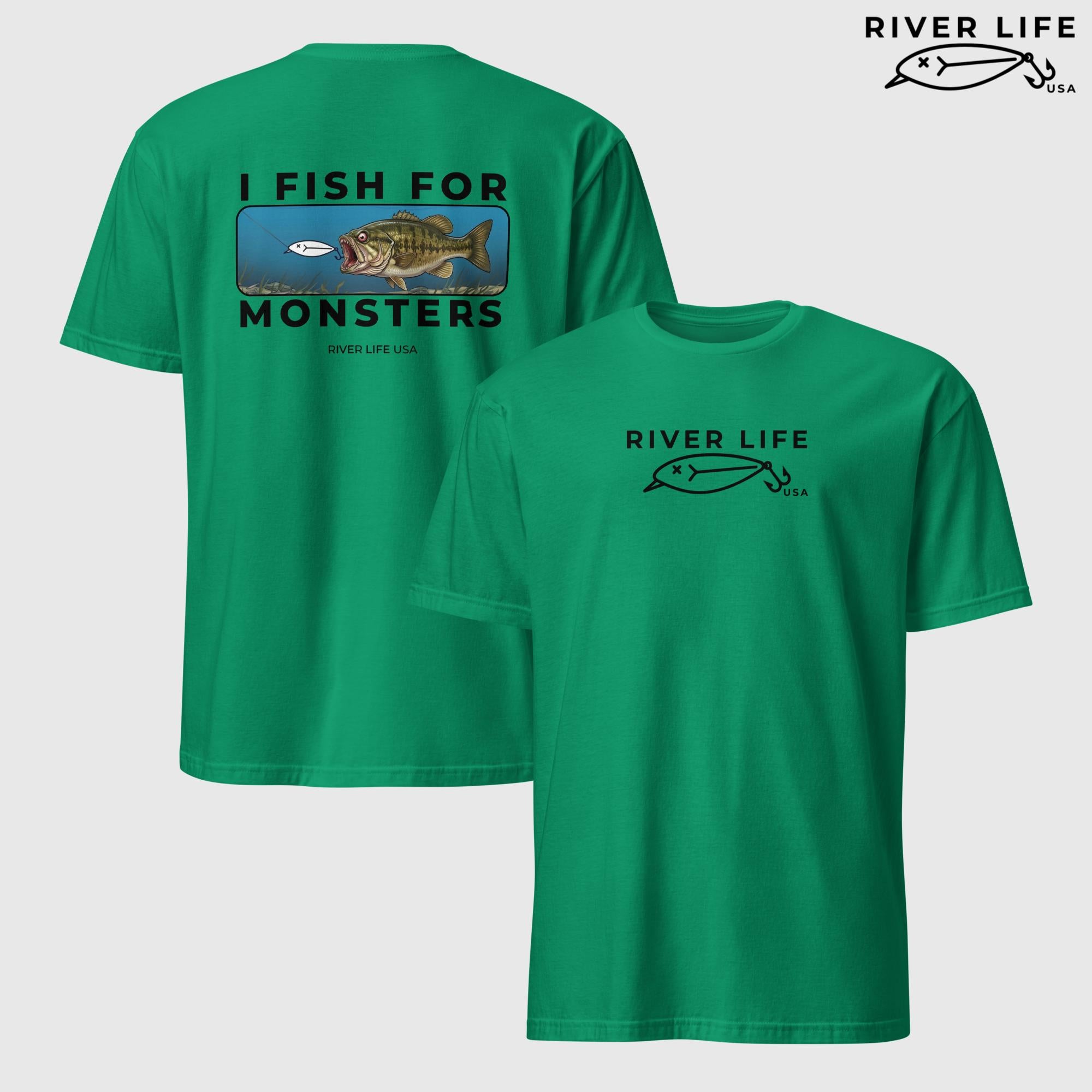 I Fish For Monsters - Smallmouth Bass (black print) | Short-Sleeve Unisex T-Shirt-Kelly Green-River Life USA