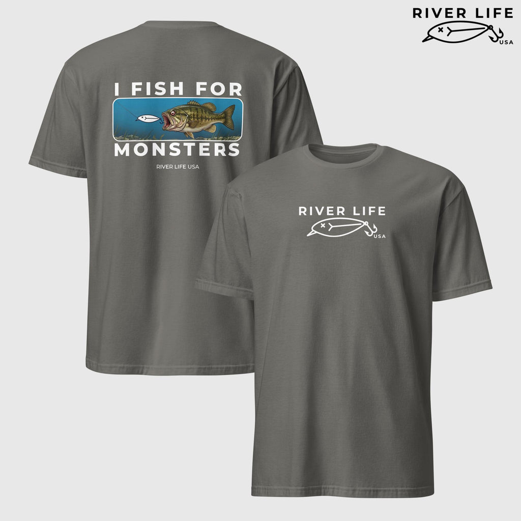 I Fish For Monsters - Smallmouth Bass (white print) | Short-Sleeve Unisex T-Shirt-Charcoal-River Life USA