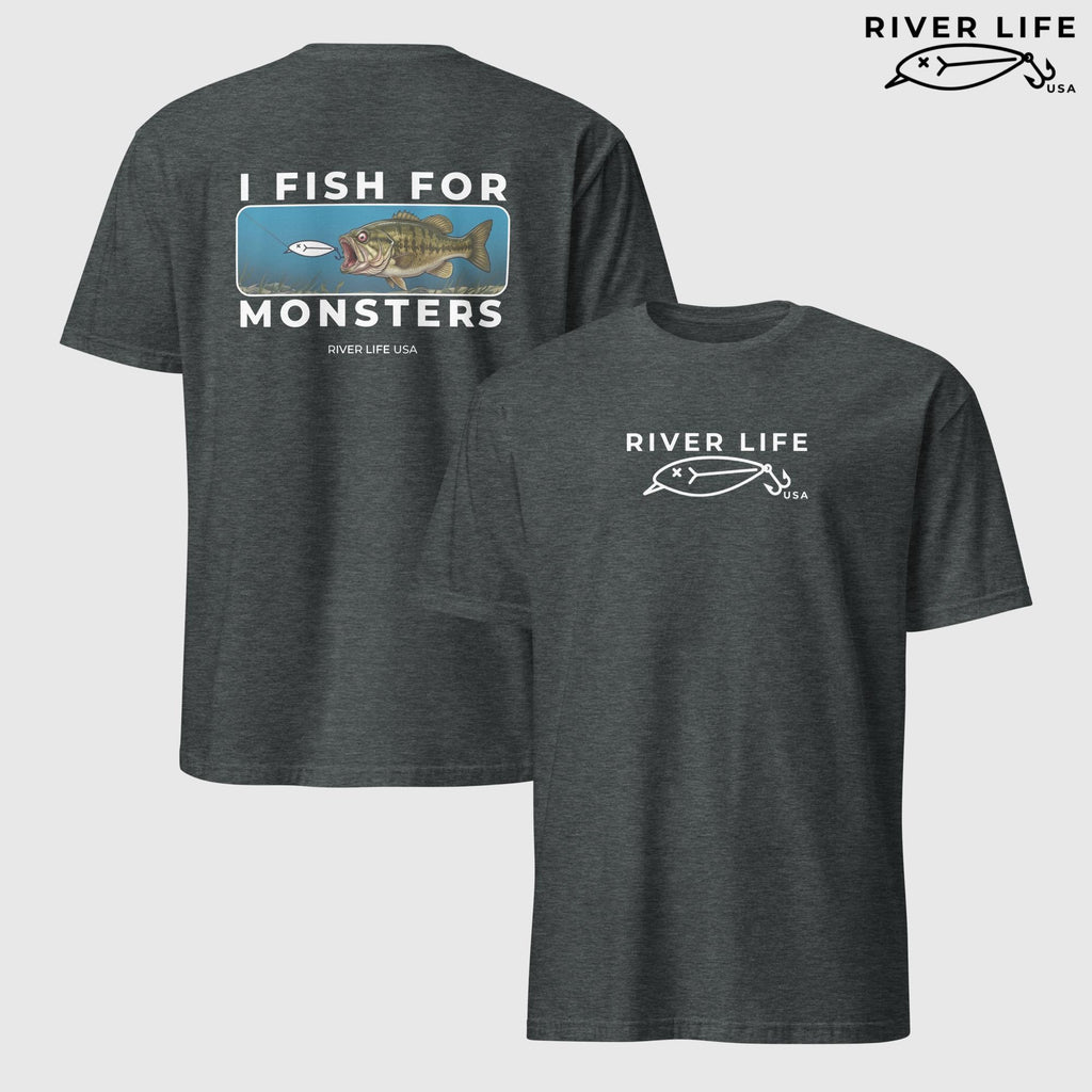 I Fish For Monsters - Smallmouth Bass (white print) | Short-Sleeve Unisex T-Shirt-Dark Heather-River Life USA