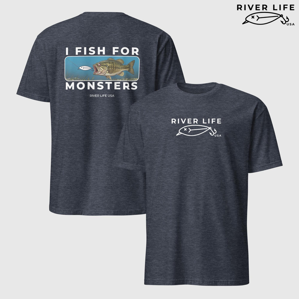 I Fish For Monsters - Smallmouth Bass (white print) | Short-Sleeve Unisex T-Shirt-Heather Navy-River Life USA