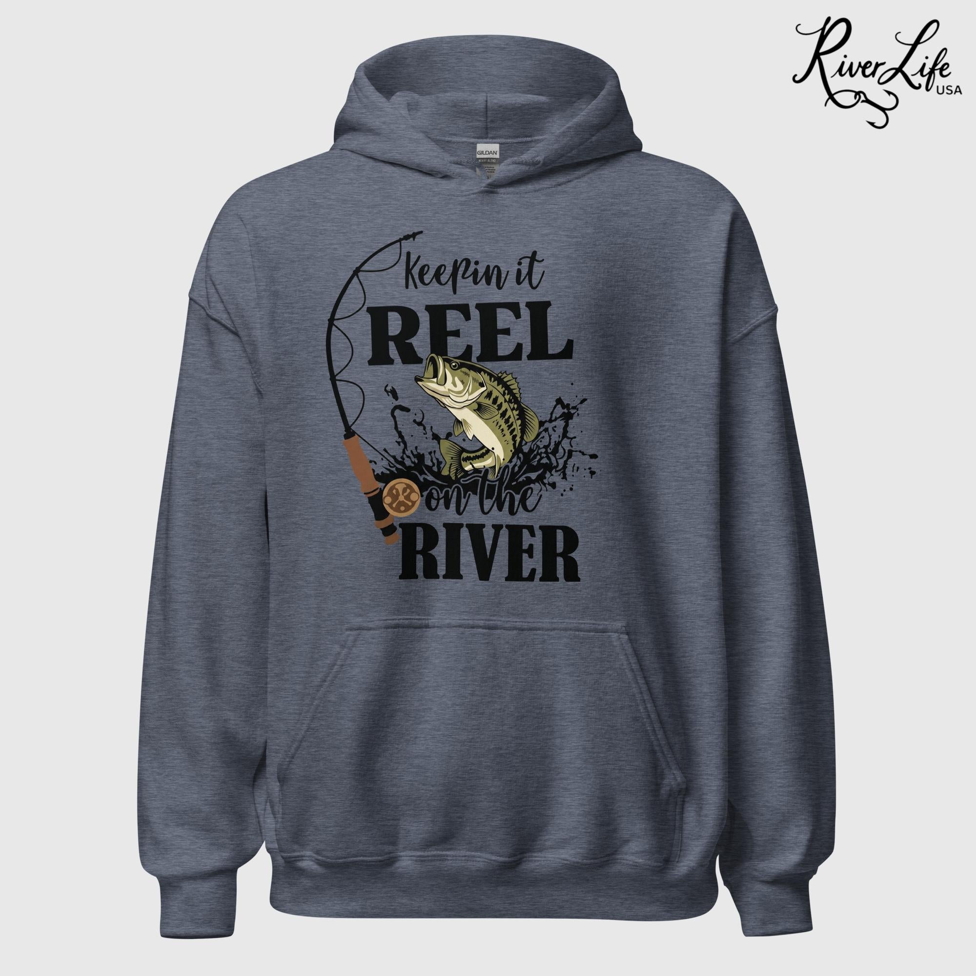 Keepin' It Reel On the River | Unisex Pullover Hoodie-Heather Navy-River Life USA