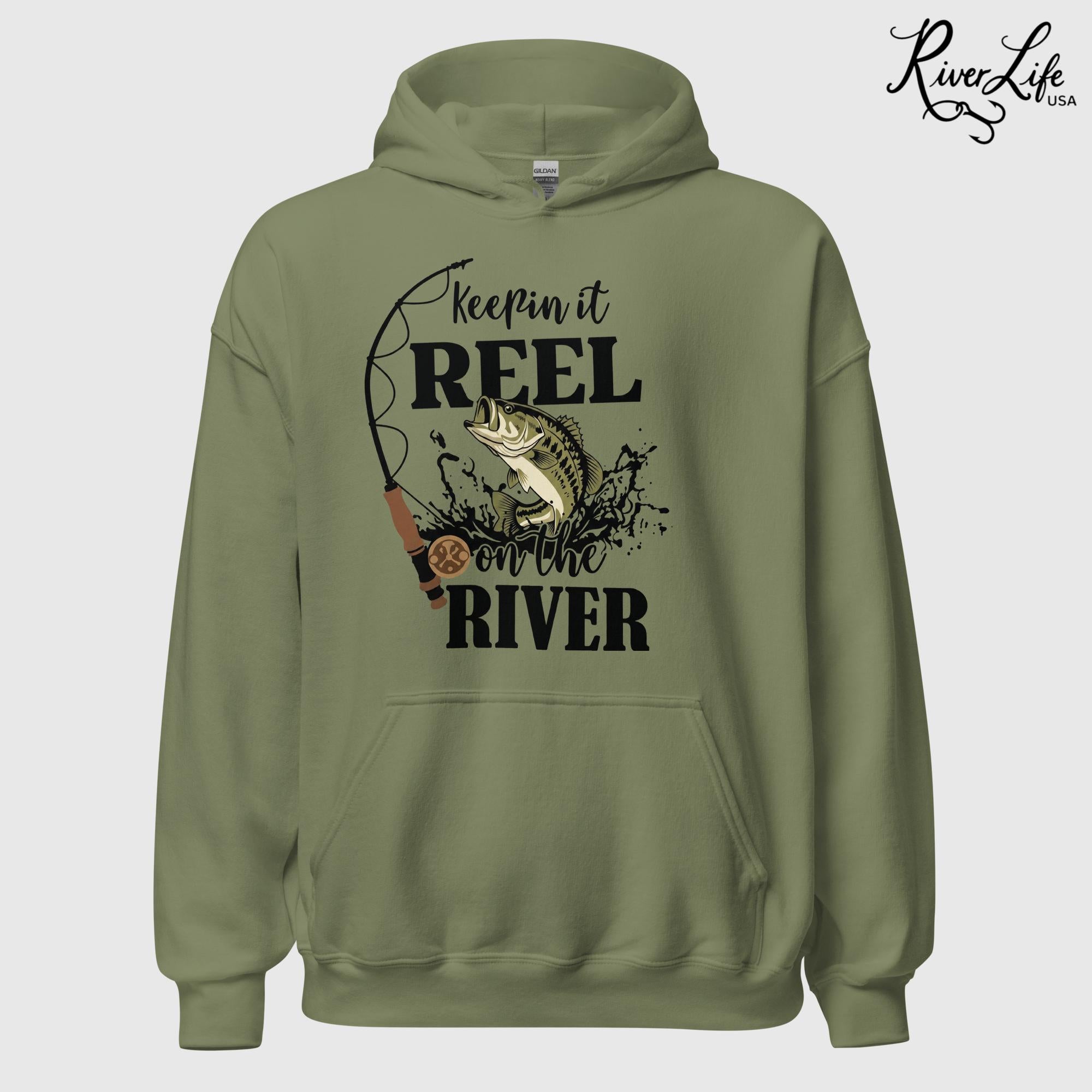 Keepin' It Reel On the River | Unisex Pullover Hoodie-Military Green-River Life USA