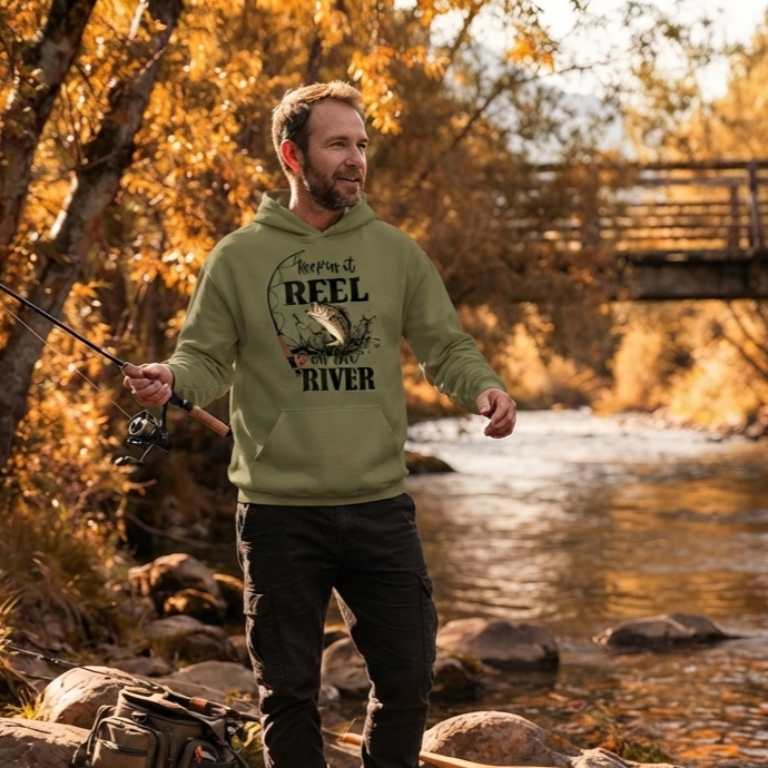 Keepin' It Reel On the River | Unisex Pullover Hoodie-Sand-River Life USA