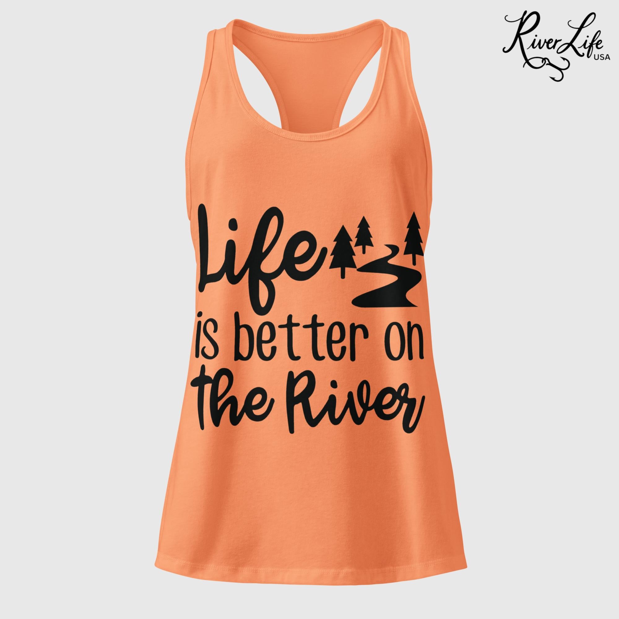 Life Is Better on the River | Women’s Fitted Racerback Tank Top-Light Orange-River Life USA