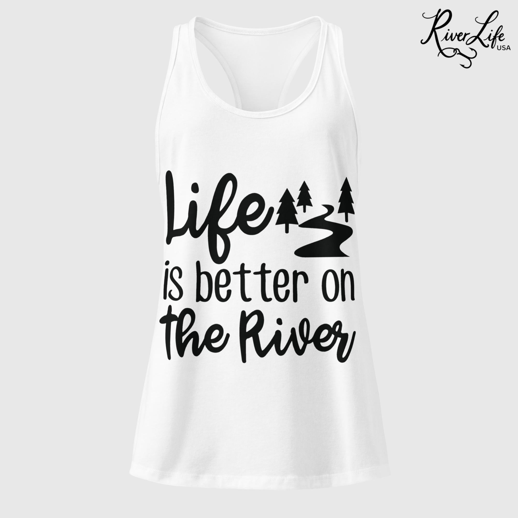 Life Is Better on the River | Women’s Fitted Racerback Tank Top-White-River Life USA