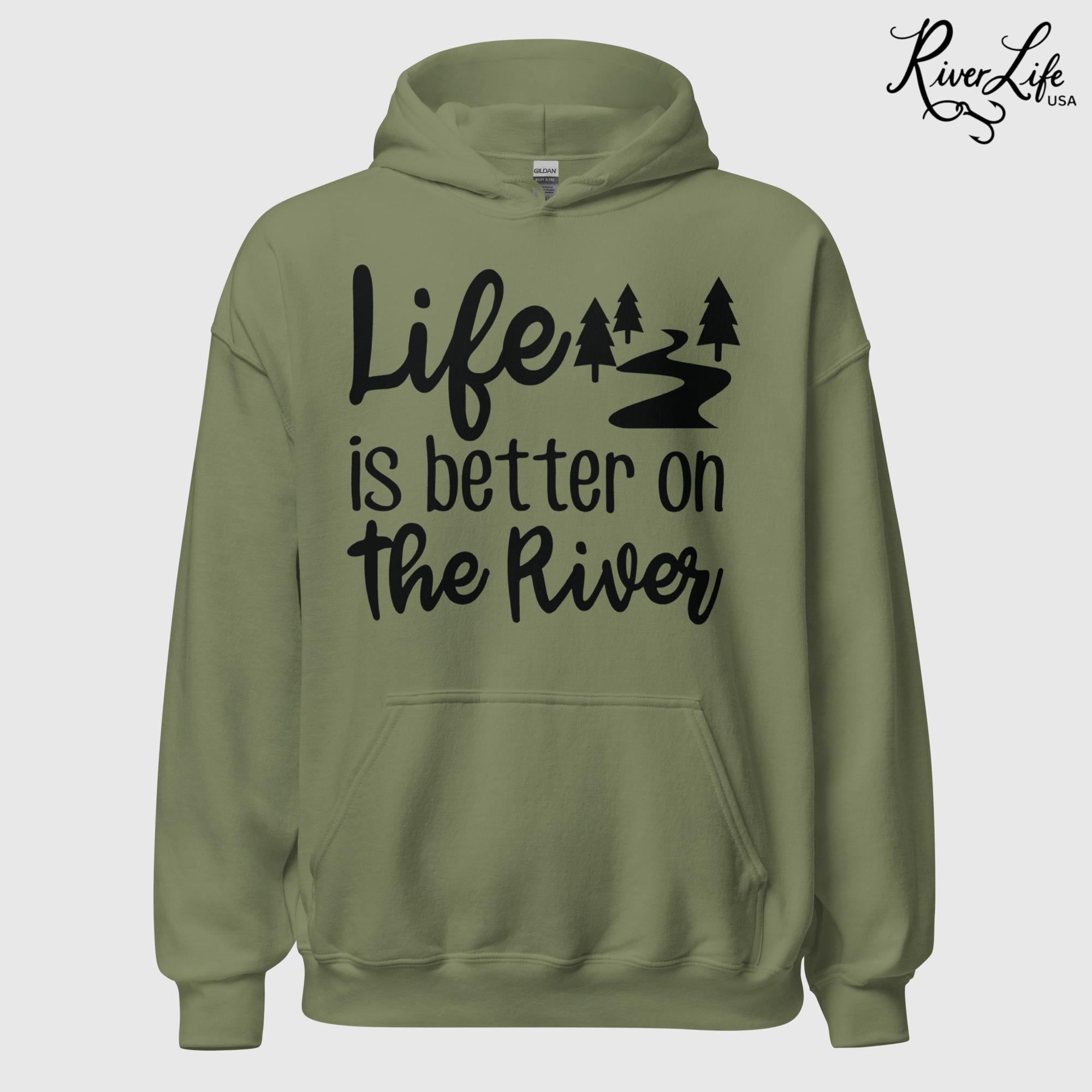 Life Is Better On The River | Womens Pullover Hoodie-Military Green-River Life USA