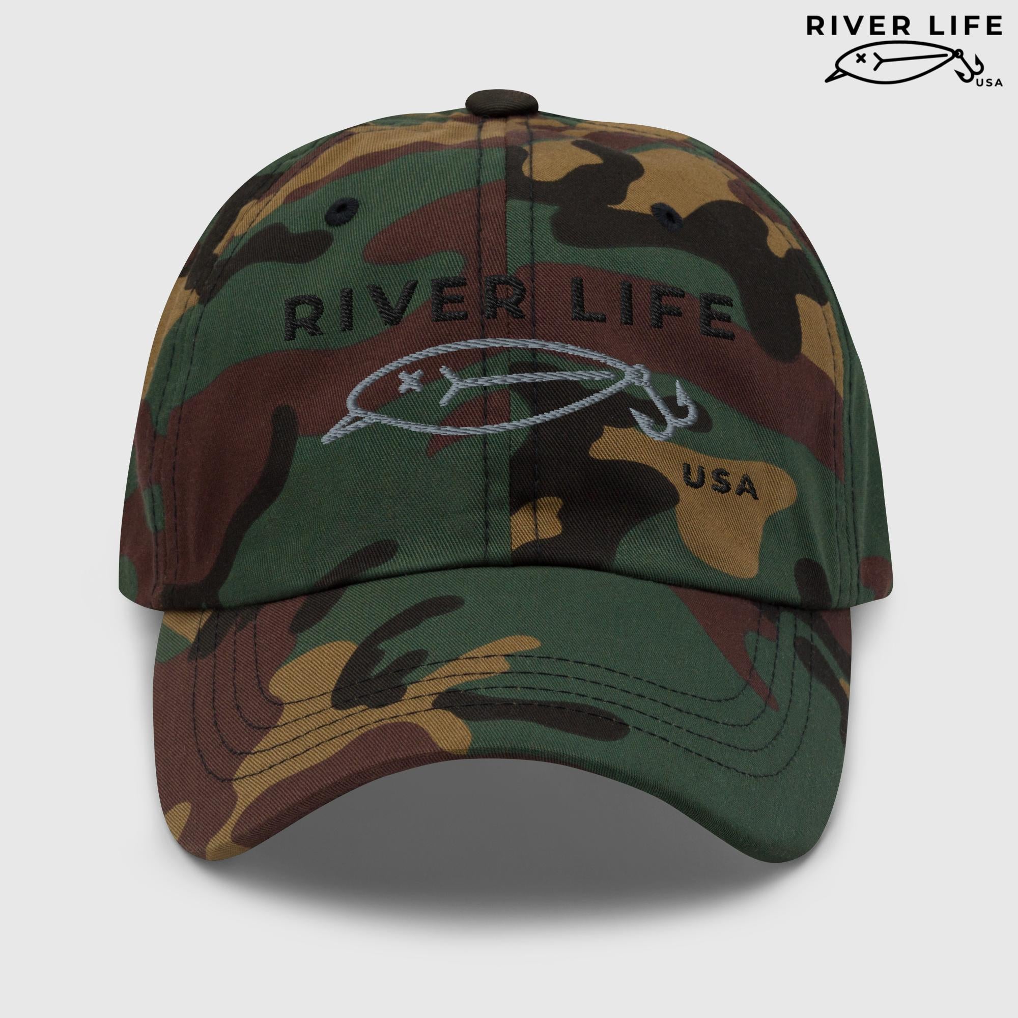 Lure Logo (black/gray embroidery) | Adjustable Dad Hat-Green Camo-River Life USA