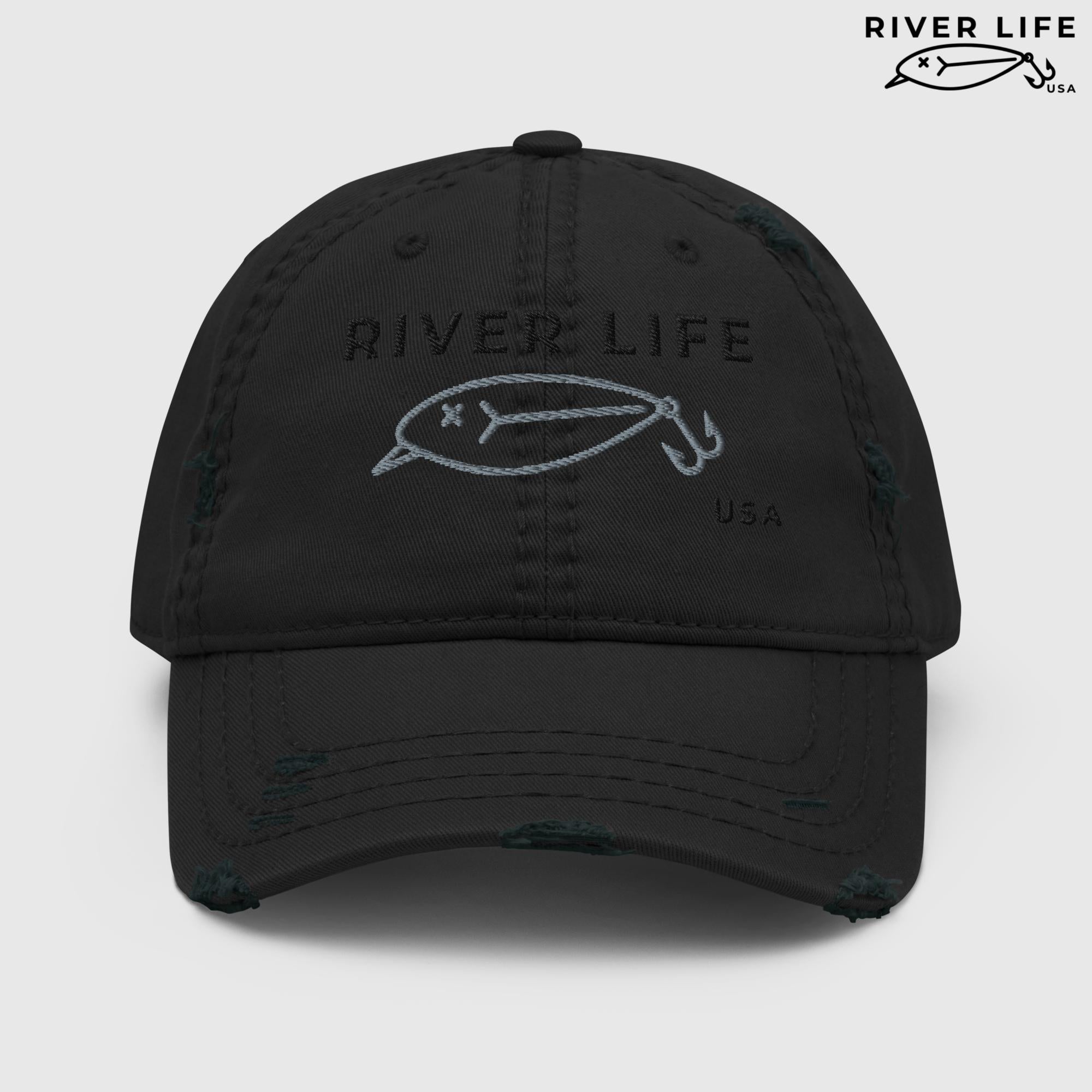 Lure Logo (black/gray embroidery) | Adjustable Distressed Dad Hat-Black-River Life USA
