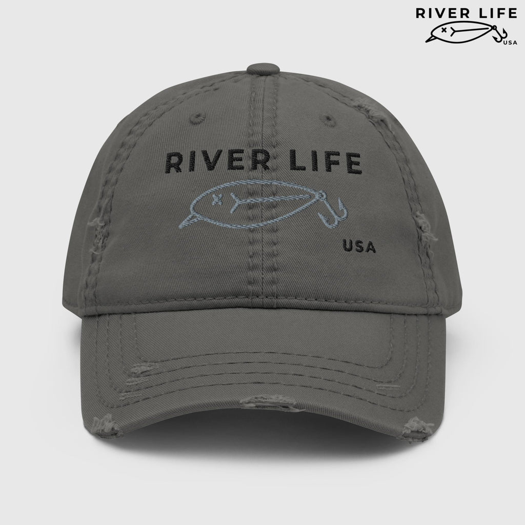 Lure Logo (black/gray embroidery) | Adjustable Distressed Dad Hat-Charcoal Grey-River Life USA
