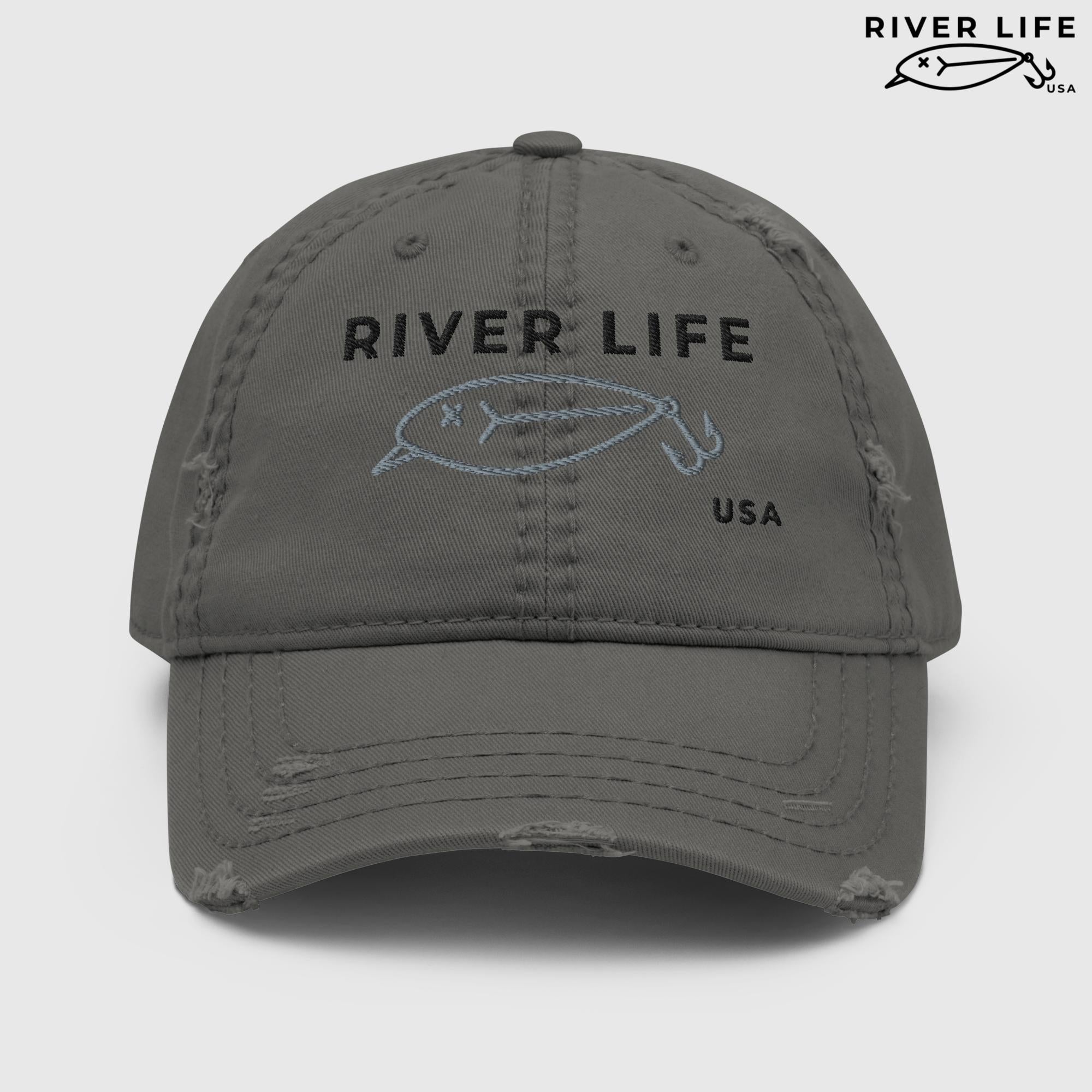 Lure Logo (black/gray embroidery) | Adjustable Distressed Dad Hat-Charcoal Grey-River Life USA