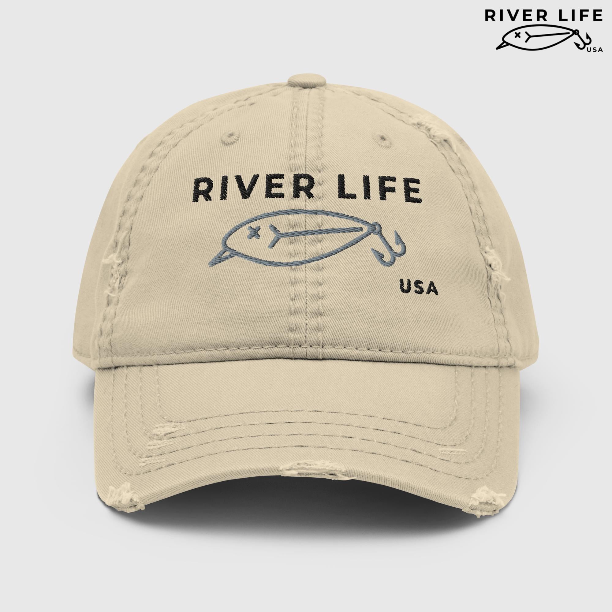 Lure Logo (black/gray embroidery) | Adjustable Distressed Dad Hat-Khaki-River Life USA