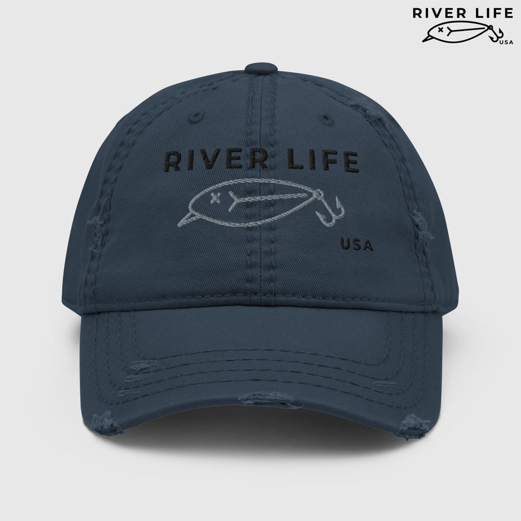 Lure Logo (black/gray embroidery) | Adjustable Distressed Dad Hat-Navy-River Life USA