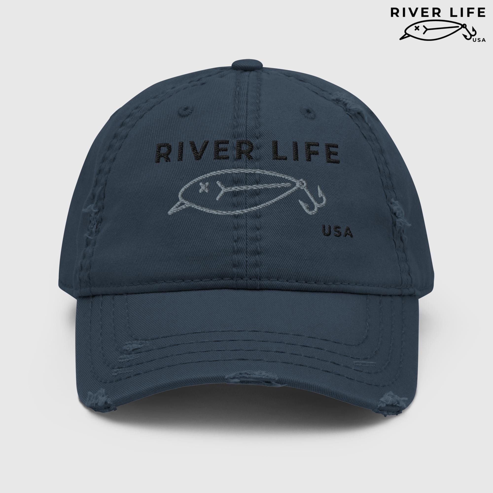Lure Logo (black/gray embroidery) | Adjustable Distressed Dad Hat-Navy-River Life USA