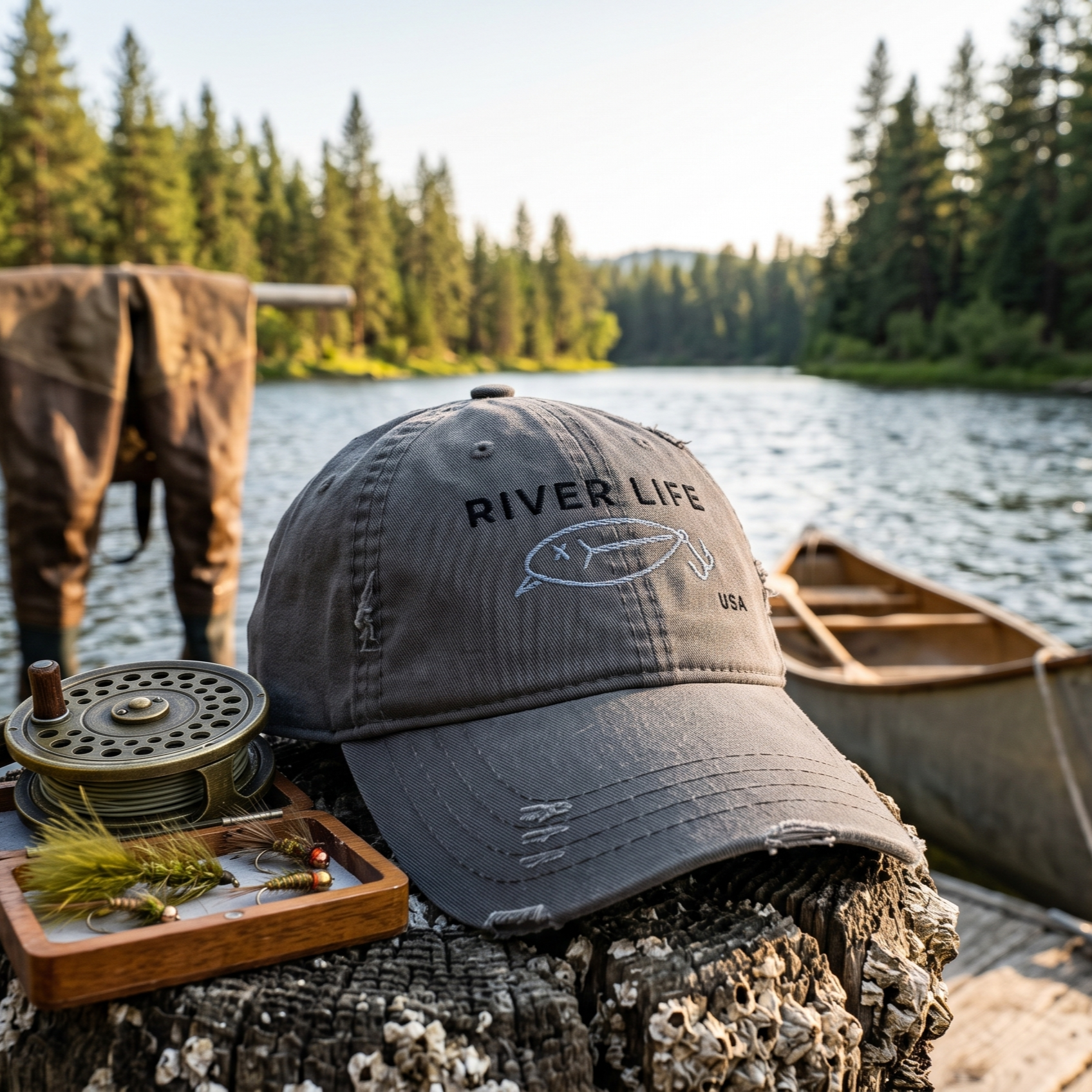Lure Logo (black/gray embroidery) | Adjustable Distressed Dad Hat-Charcoal Grey-River Life USA