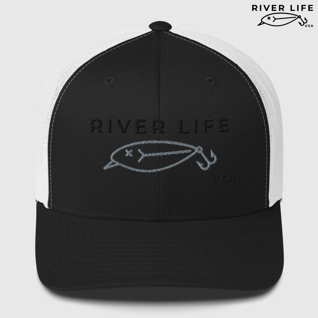 Lure Logo (black/gray embroidery) | Snapback Trucker Cap-Black/ White-River Life USA