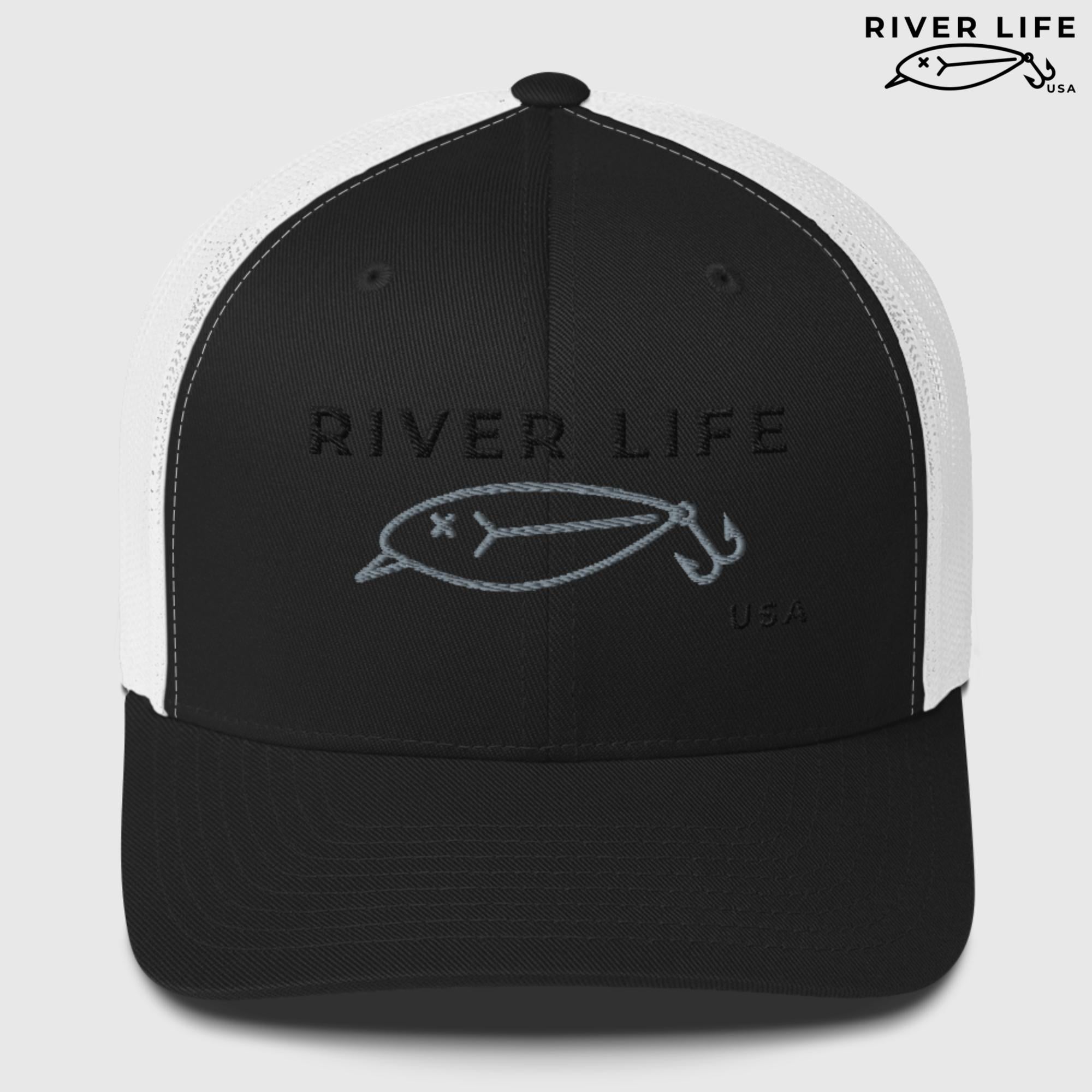Lure Logo (black/gray embroidery) | Snapback Trucker Cap-Black/ White-River Life USA